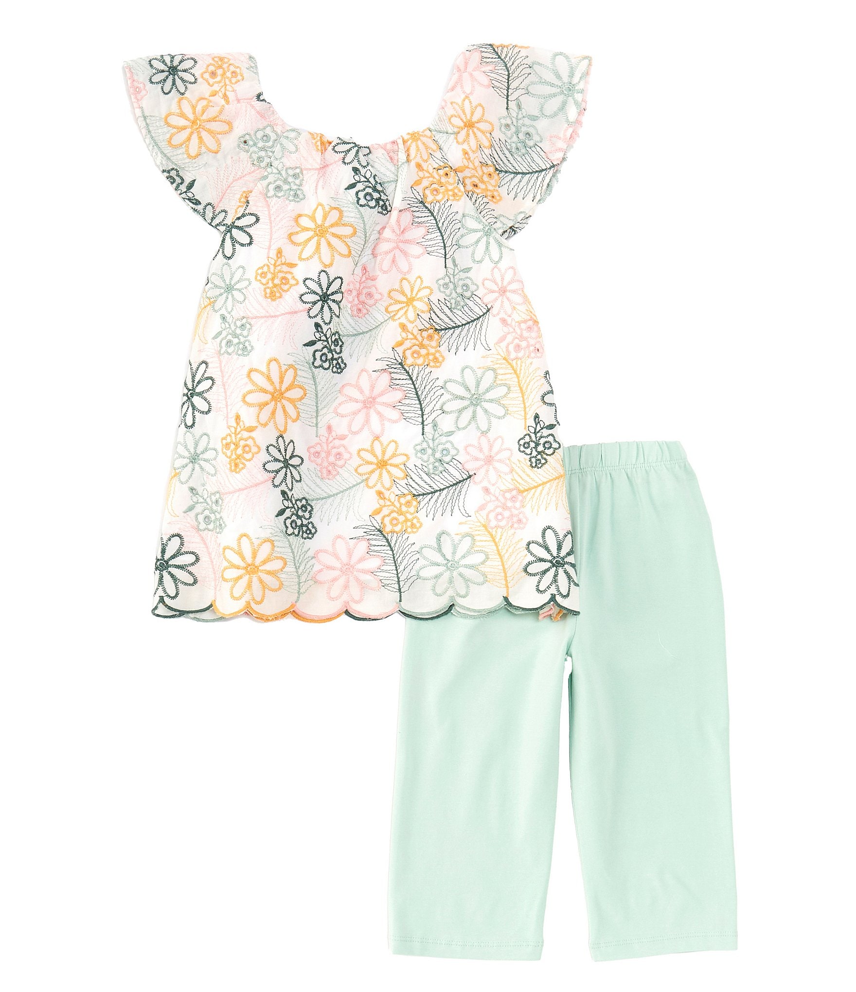 Rare Editions Little Girls 2T-6X Flutter-Sleeve Patterned Woven Top & Solid  Gauze Capri Pant Set