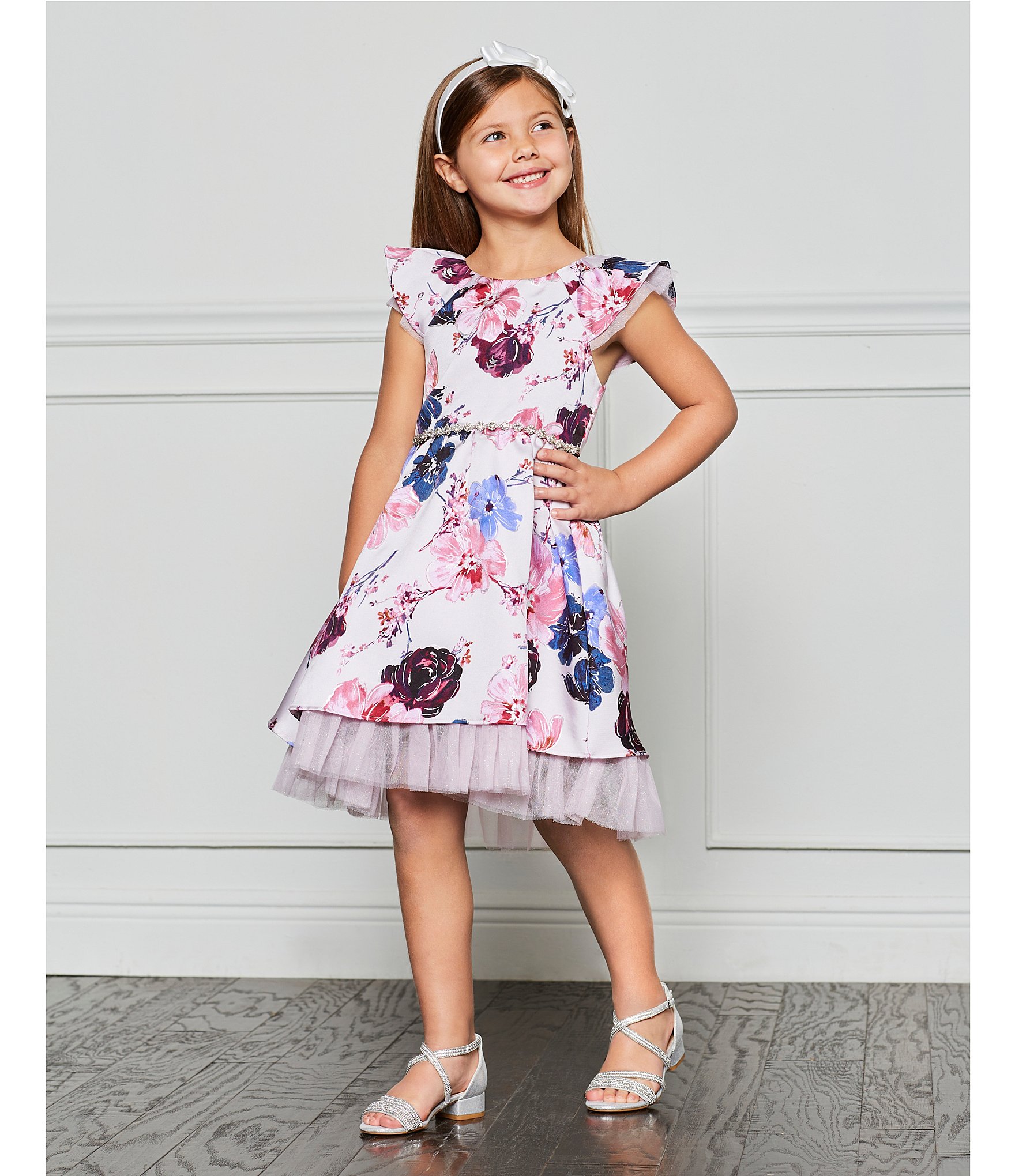 Rare Editions Little Girls 2T-6X Flutter-Sleeve Foiled-Floral Mikado Fit-And-Flare Dress