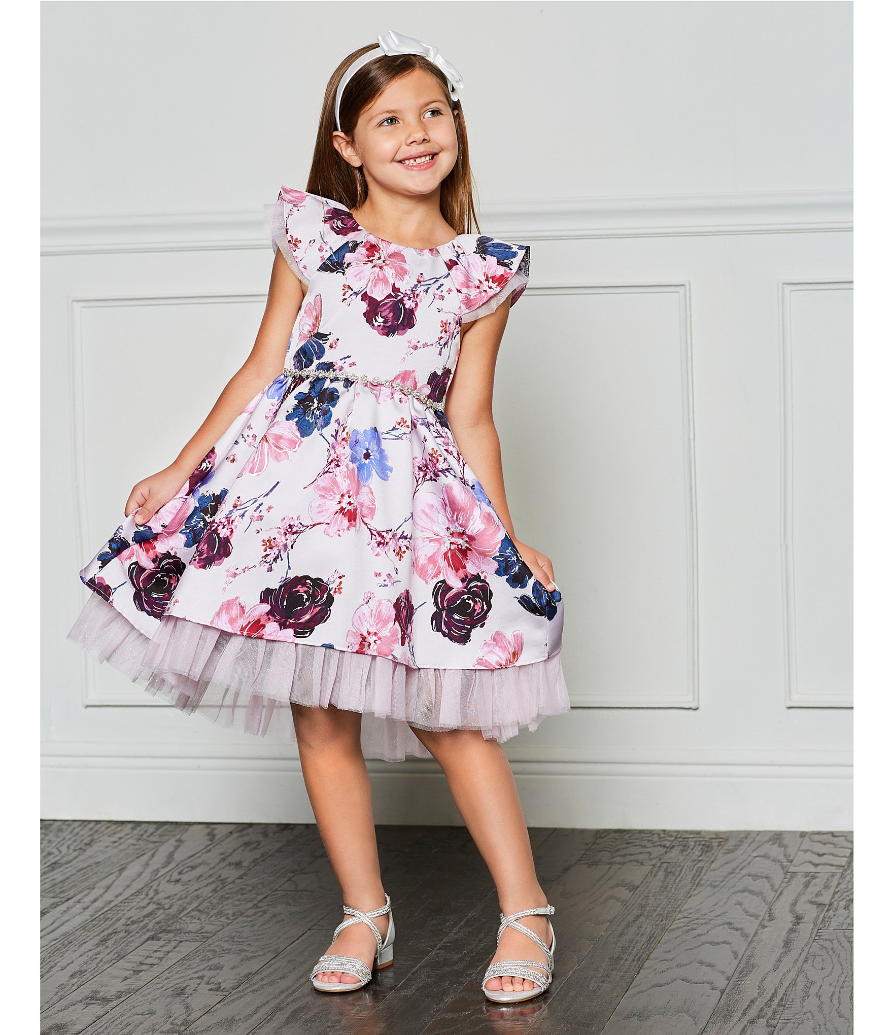 Rare Editions Little Girls 2T-6X Flutter-Sleeve Foiled-Floral Mikado Fit-And-Flare Dress