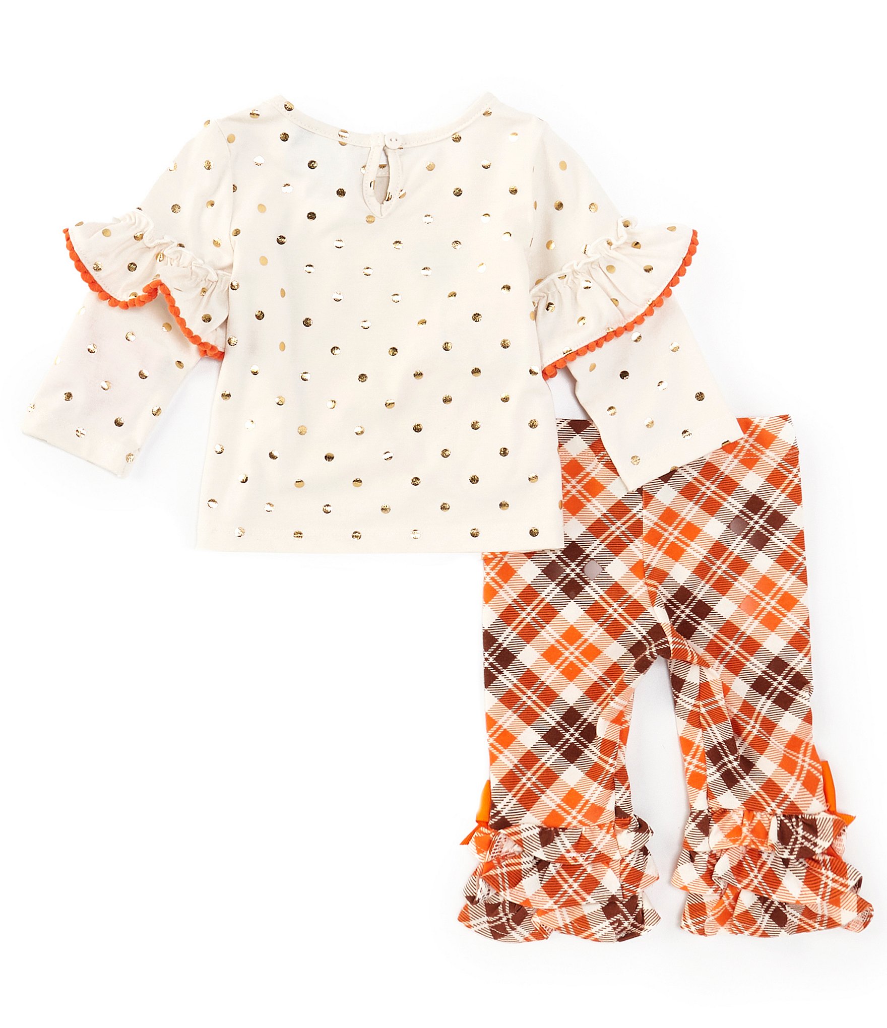 Rare Editions Little Girls 2T-6X Foiled-Dot Pumpkin-Applique Two-Fer Top & Plaid Leggings Set