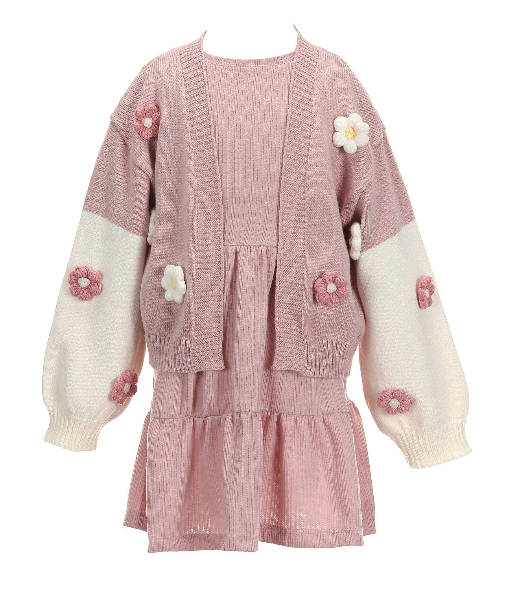 Rare Editions Little Girls 2T-6X Long Sleeve Flower-Applique Cardigan & Short Sleeve Fit & Flare Rib Dress Set