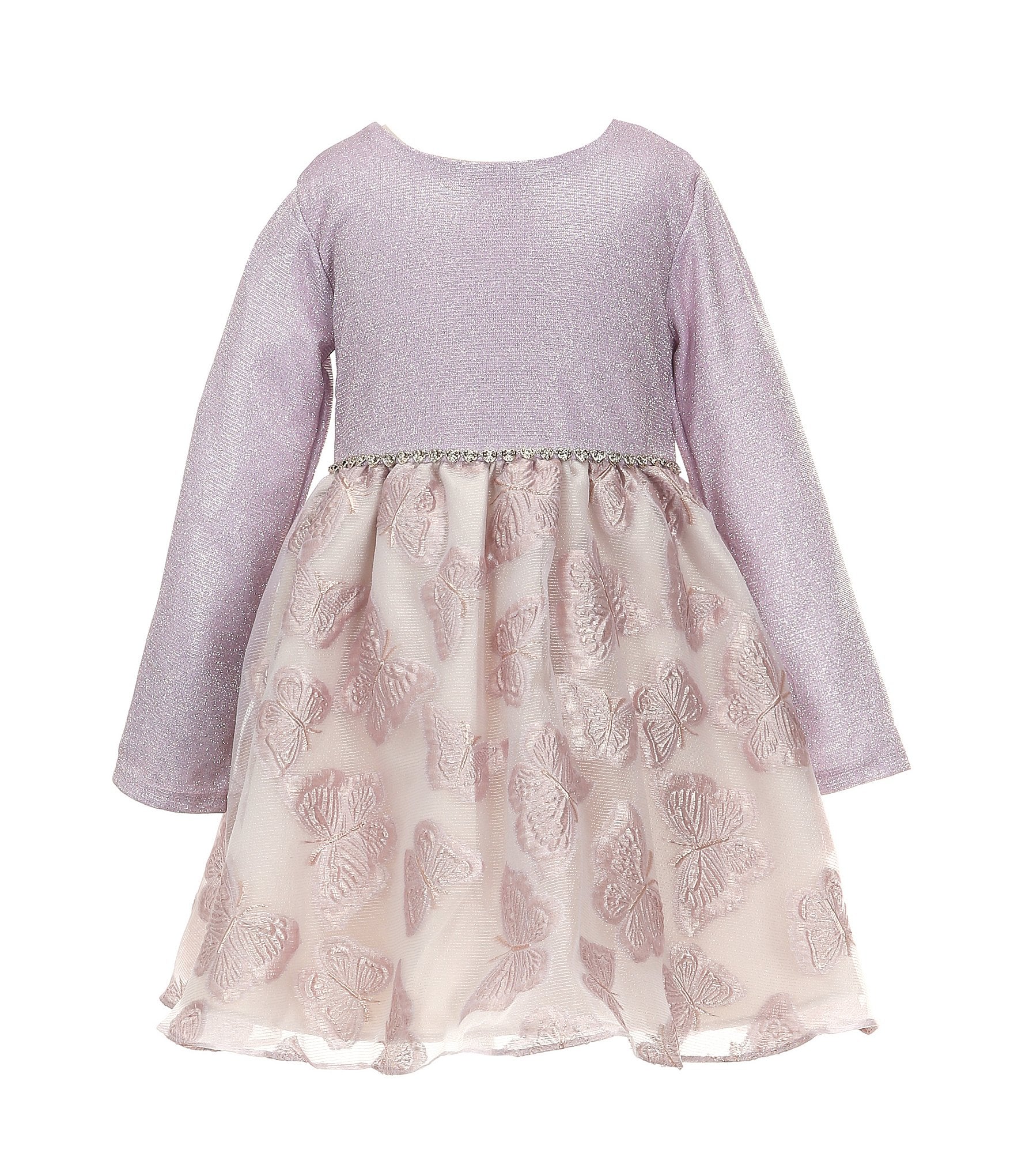 Rare Editions Little Girls 2T-6X Long Sleeve Lurex-Knit/Embroidered Organza Fit & Flare Dress