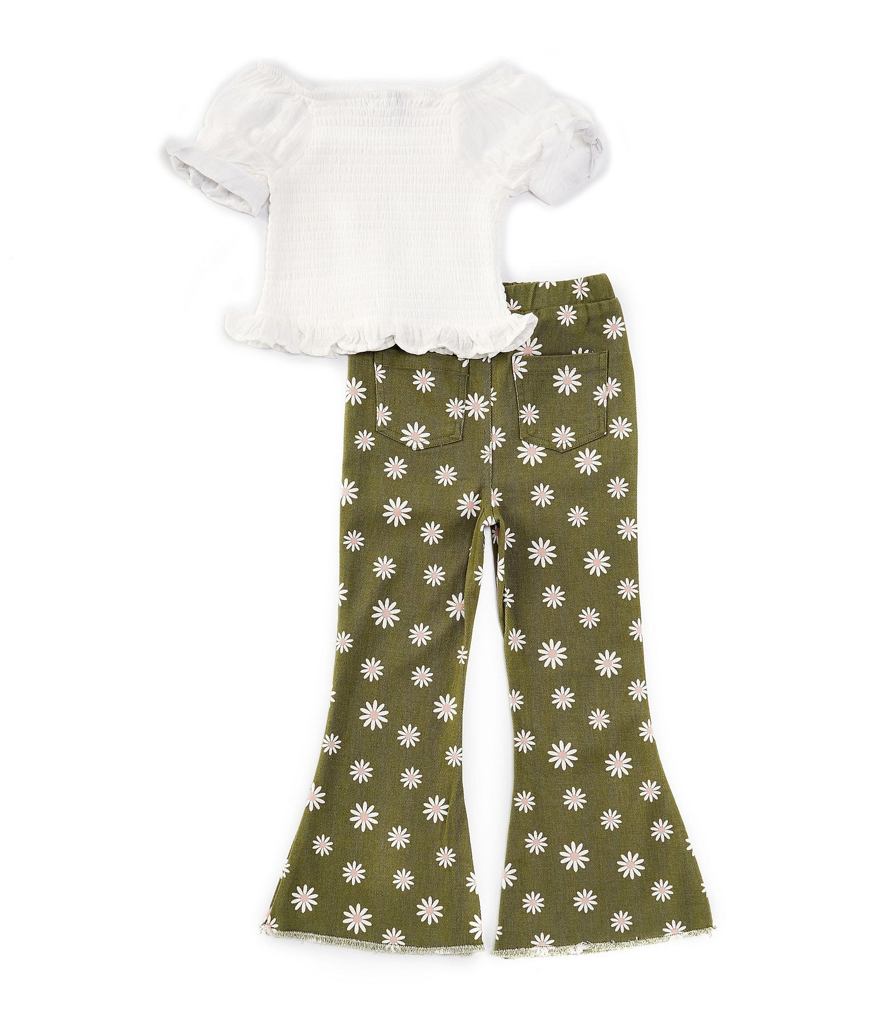 Rare Editions Little Girls 2T-6X Puffed Sleeve Solid Rib-Knit Top & Flower-Printed Flare Leg Leggings