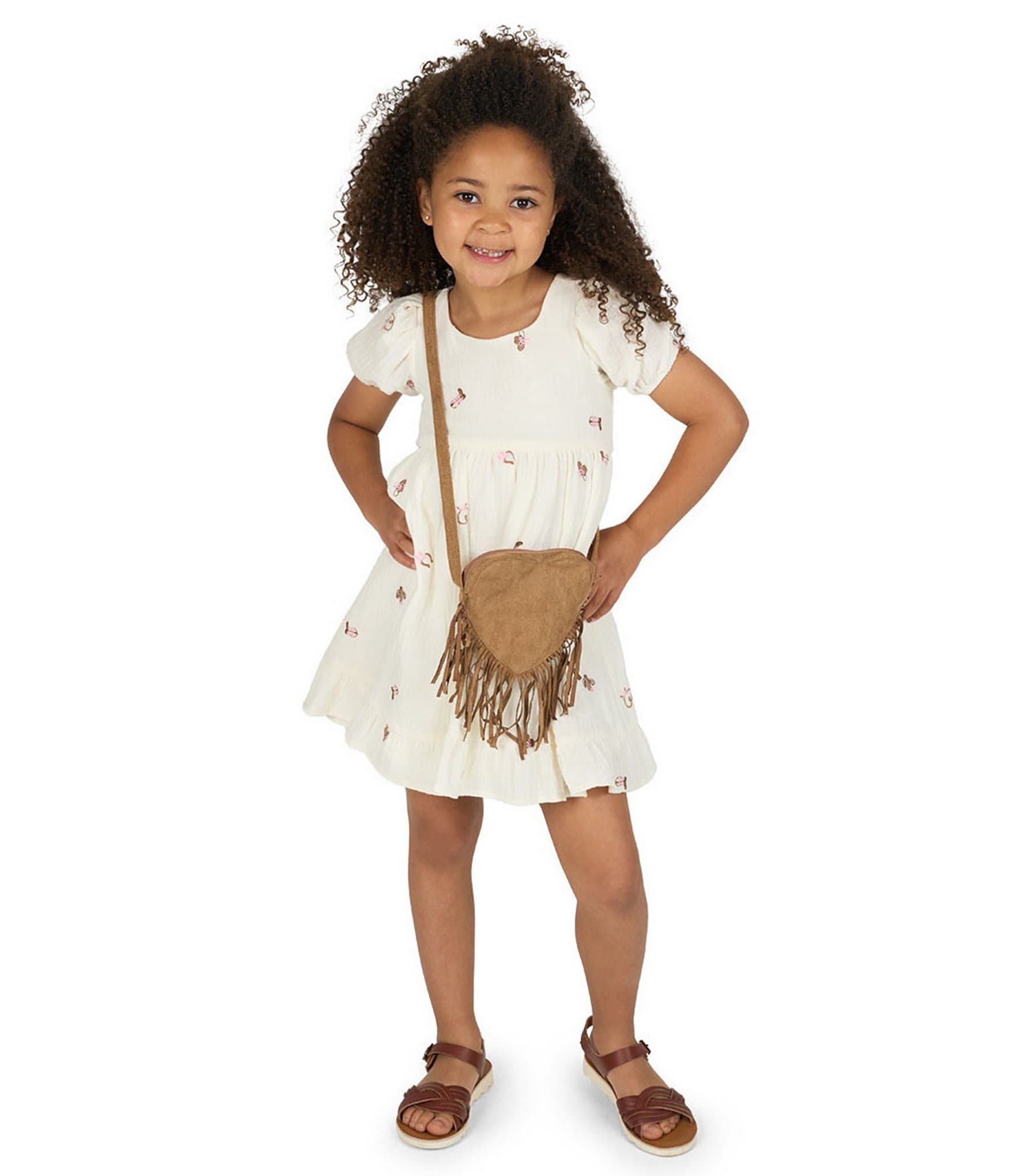 Rare Editions Little Girls Puffed-Sleeve Western-Inspired Embroidered Gauze Fit-And-Flare Dress