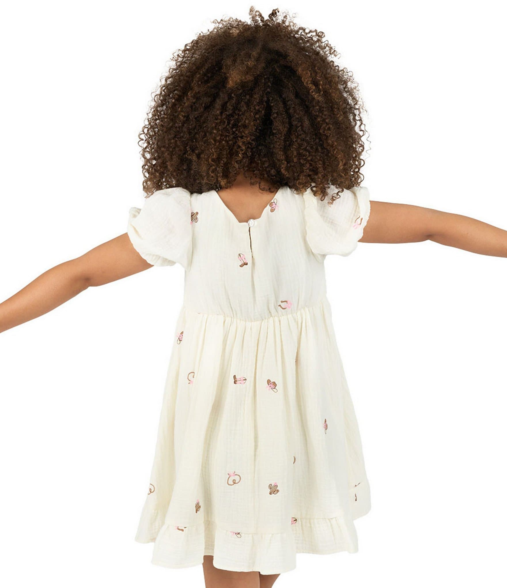 Rare Editions Little Girls Puffed-Sleeve Western-Inspired Embroidered Gauze Fit-And-Flare Dress