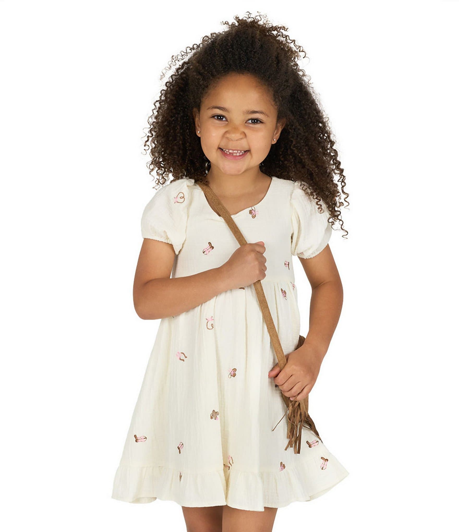 Rare Editions Little Girls Puffed-Sleeve Western-Inspired Embroidered Gauze Fit-And-Flare Dress