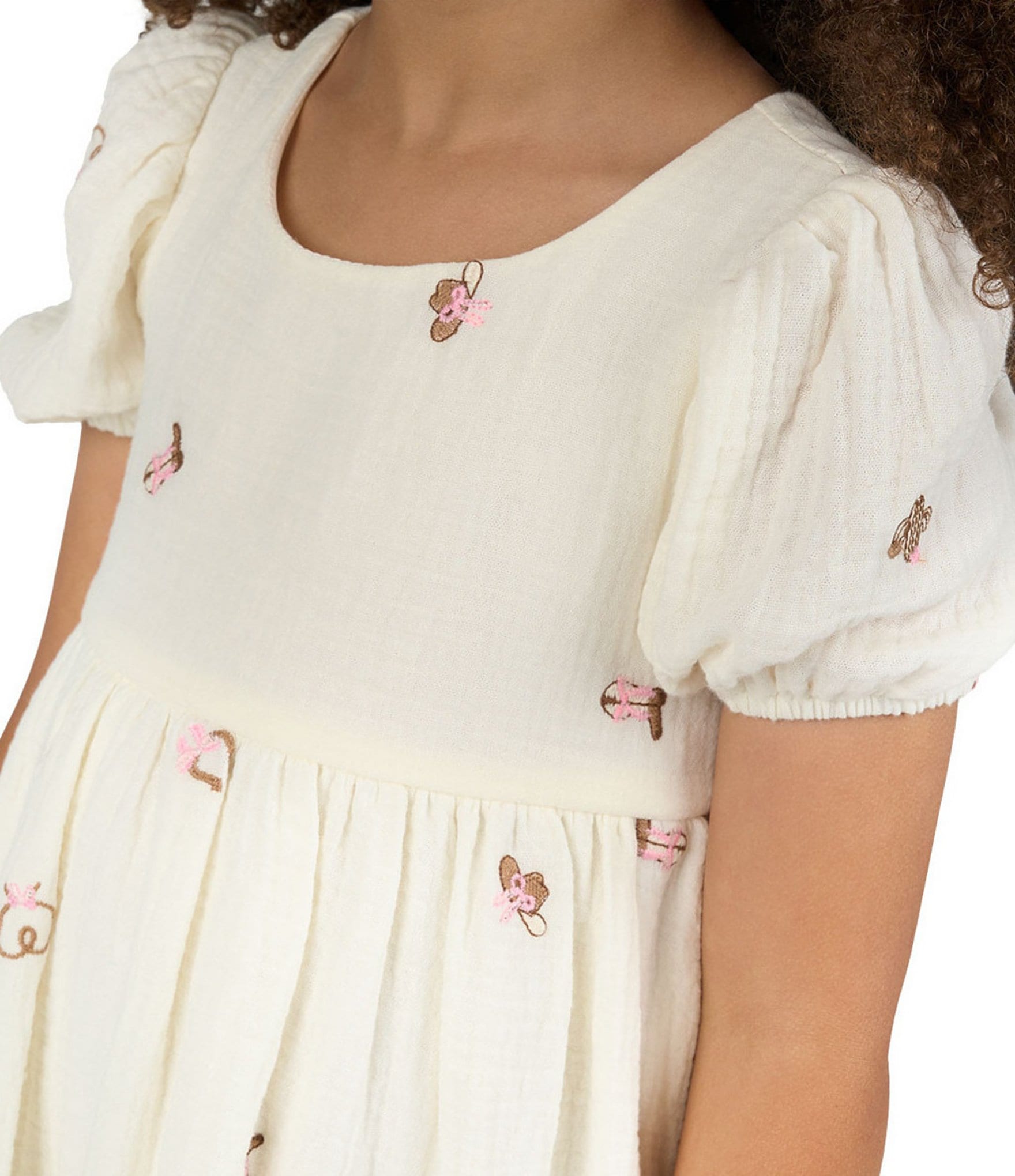 Rare Editions Little Girls Puffed-Sleeve Western-Inspired Embroidered Gauze Fit-And-Flare Dress