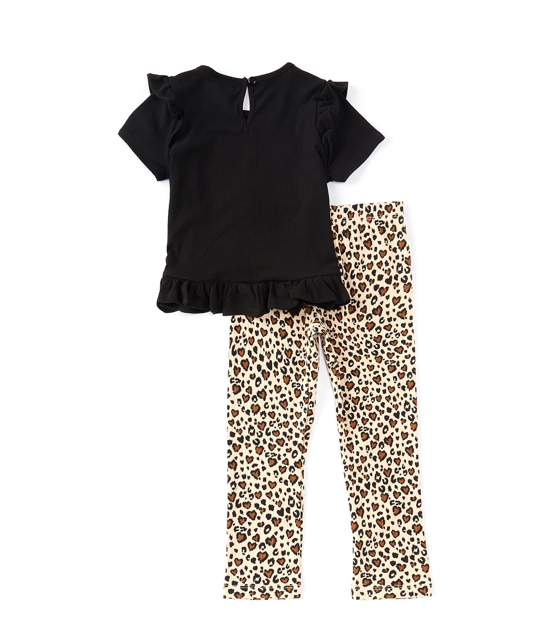 Rare Editions Little Girls 2T-6X Short Sleeve Heart-Appliqued Rib-Knit Tee & Cheetah Print Leggings Set