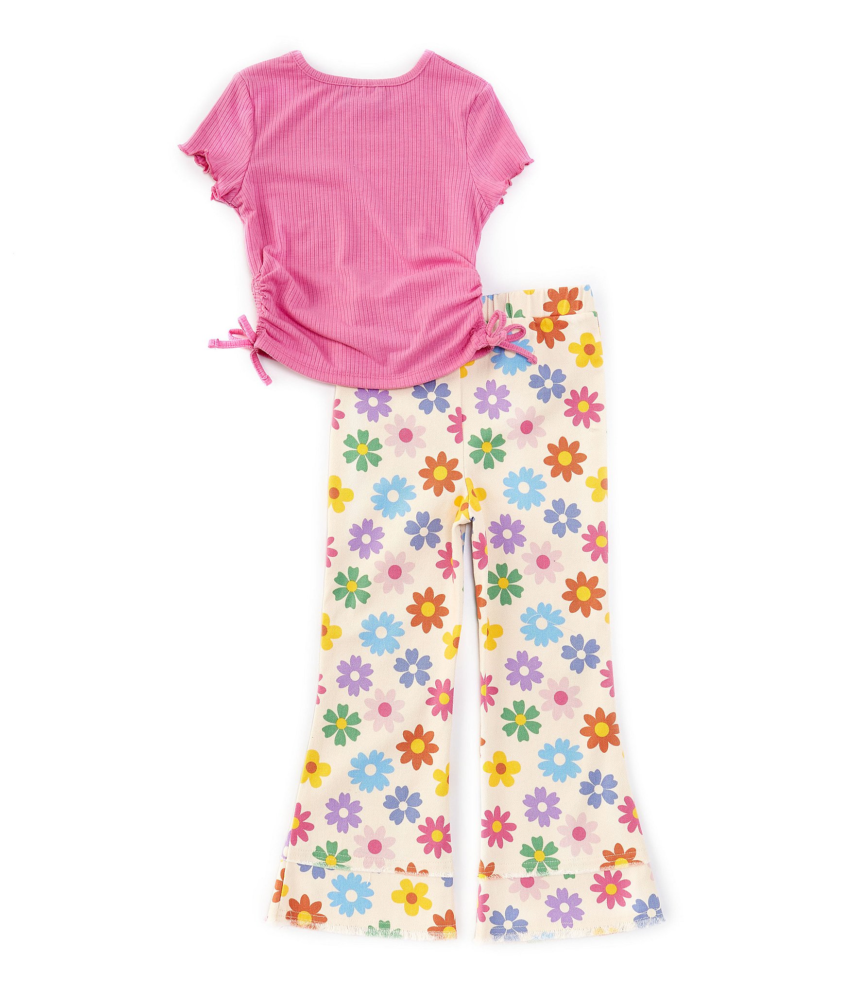 Rare Editions Little Girls 2T-6X Short Sleeve Rib-Knit Top & Flower-Printed Flared Leggings Set