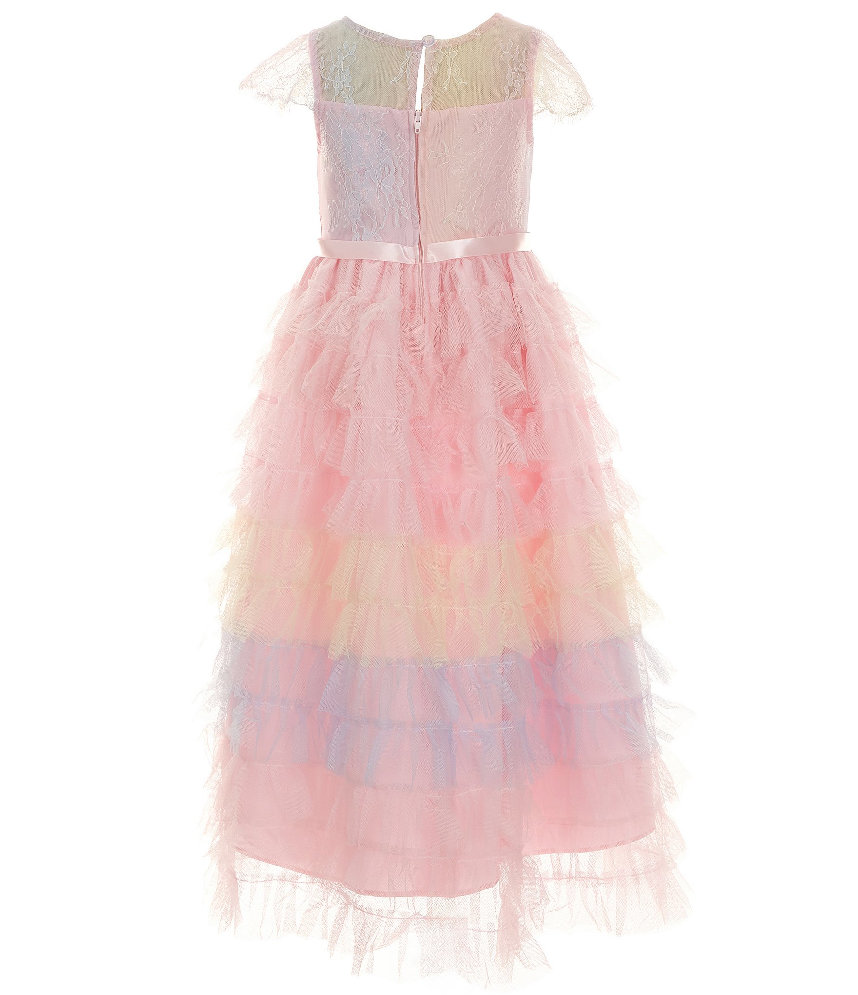 Rare Editions Little Girls 2T-6X Shot Sleeve Lace-Bodice/Rainbow-Pattern Mesh-Skirted Midi Dress