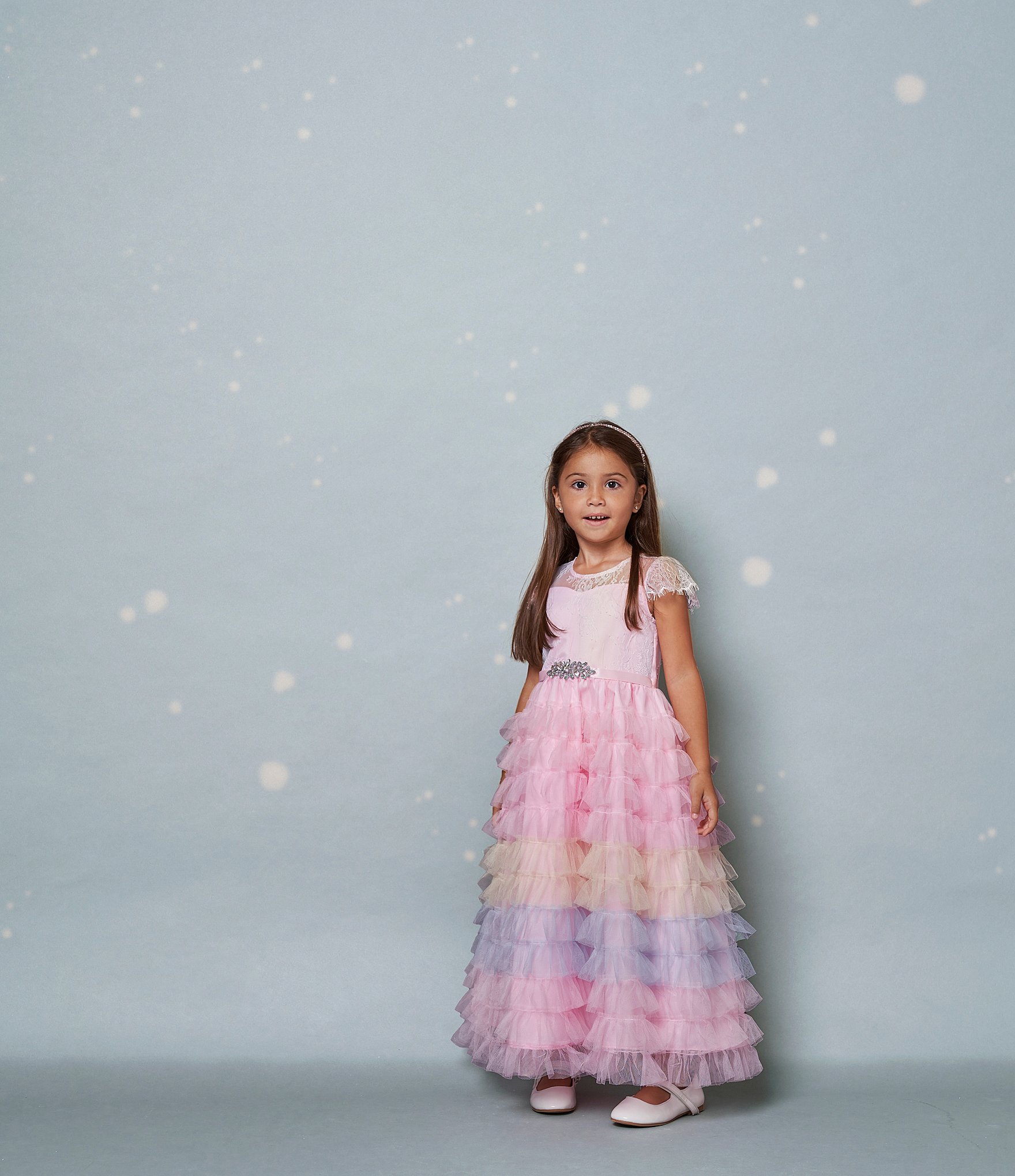 Rare Editions Little Girls 2T-6X Shot Sleeve Lace-Bodice/Rainbow-Pattern Mesh-Skirted Midi Dress