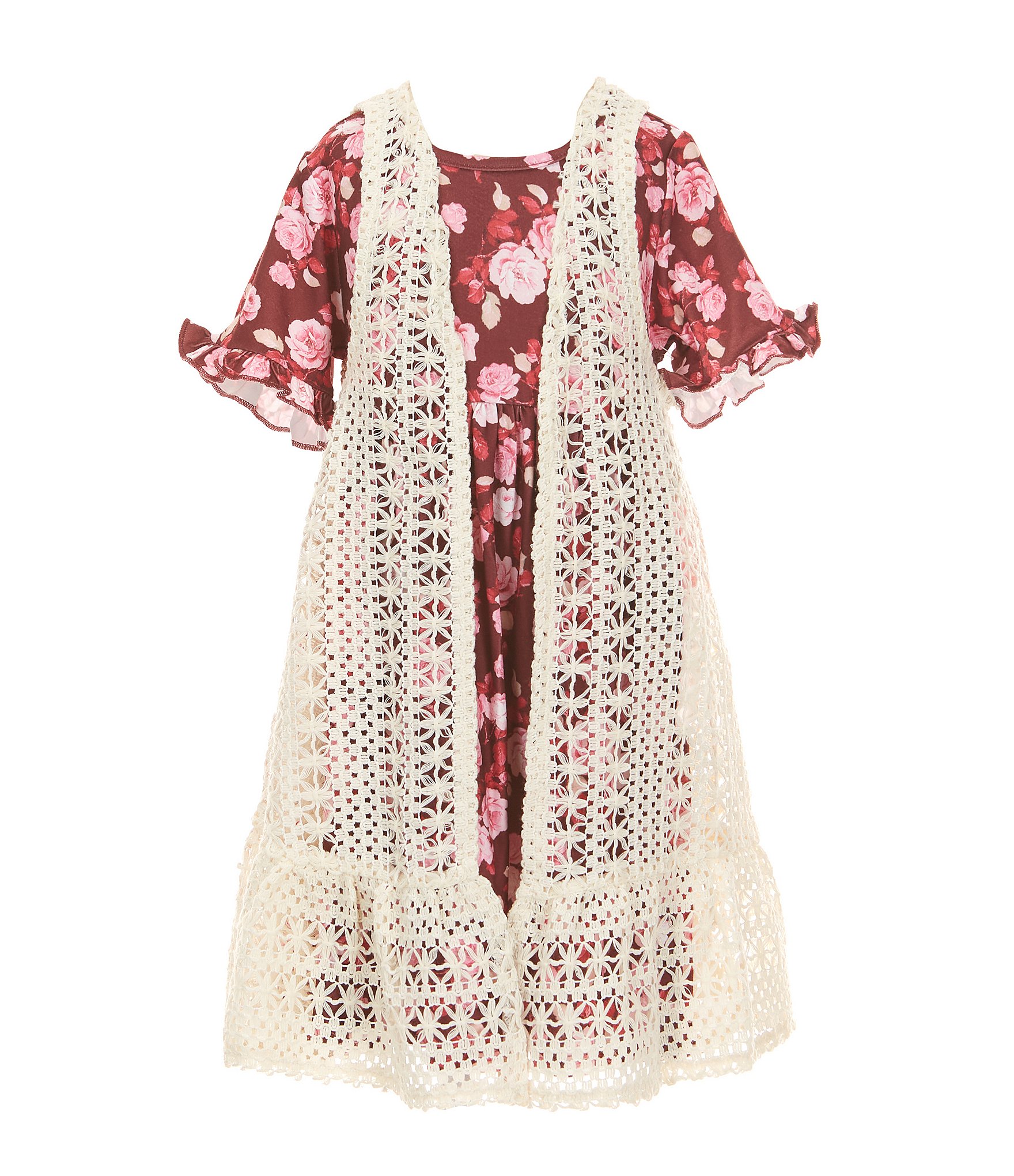 Rare Editions Little Girls Sleeveless Crocheted Cardigan & Short-Sleeve Floral-Printed Fit-And-Flare Dress Set