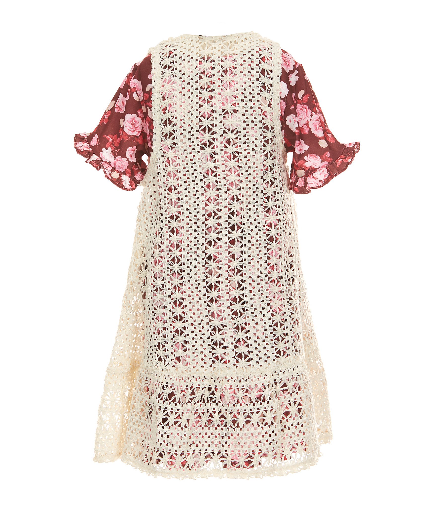 Rare Editions Little Girls Sleeveless Crocheted Cardigan & Short-Sleeve Floral-Printed Fit-And-Flare Dress Set