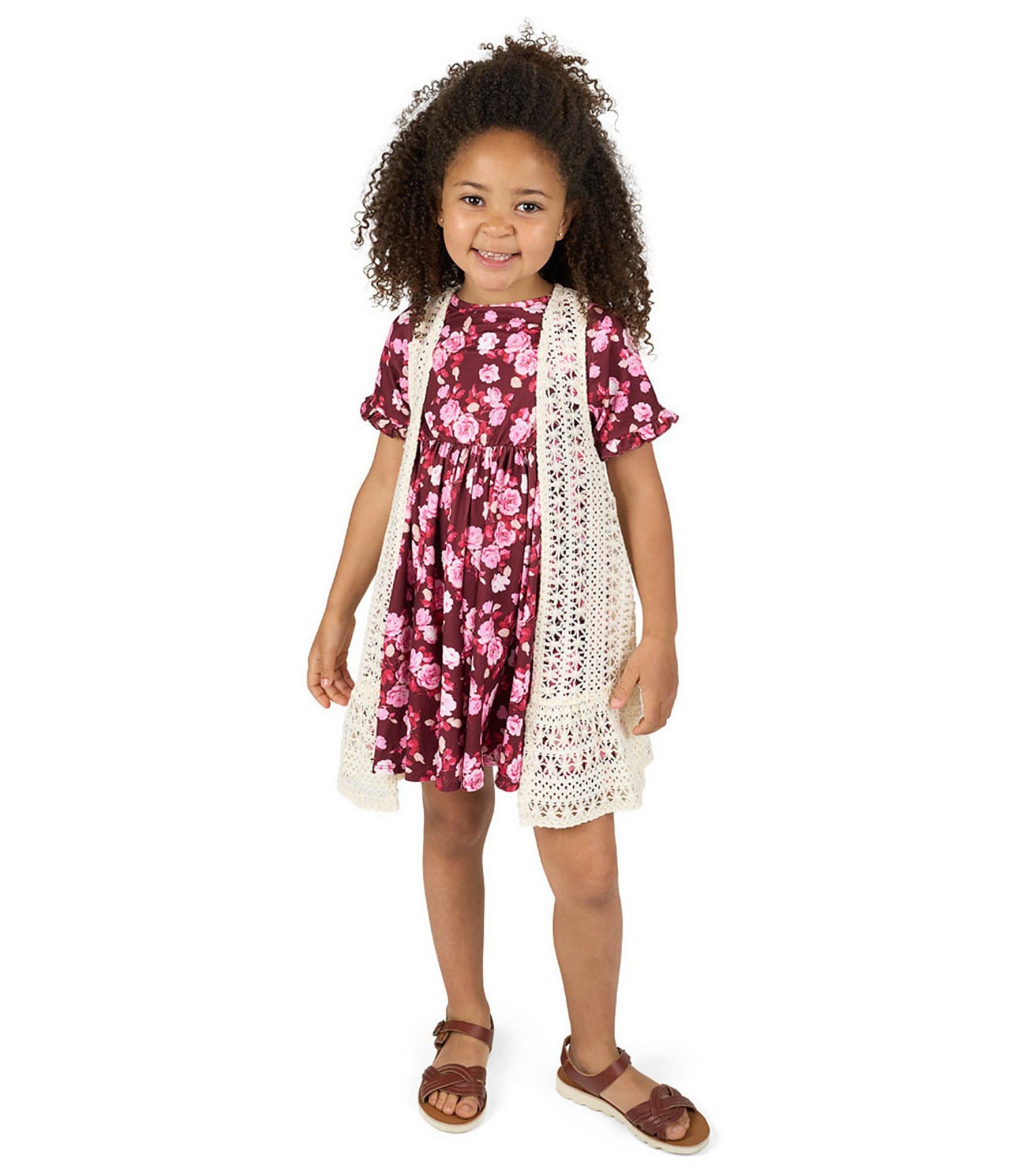 Rare Editions Little Girls Sleeveless Crocheted Cardigan & Short-Sleeve Floral-Printed Fit-And-Flare Dress Set