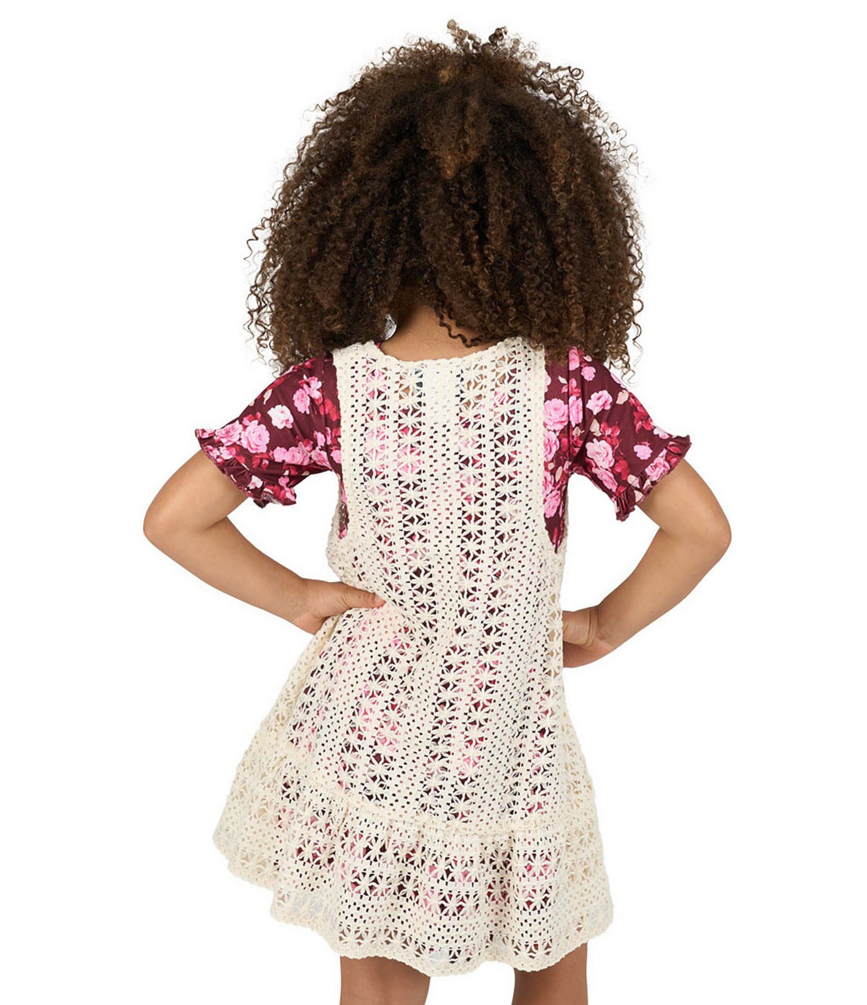 Rare Editions Little Girls Sleeveless Crocheted Cardigan & Short-Sleeve Floral-Printed Fit-And-Flare Dress Set