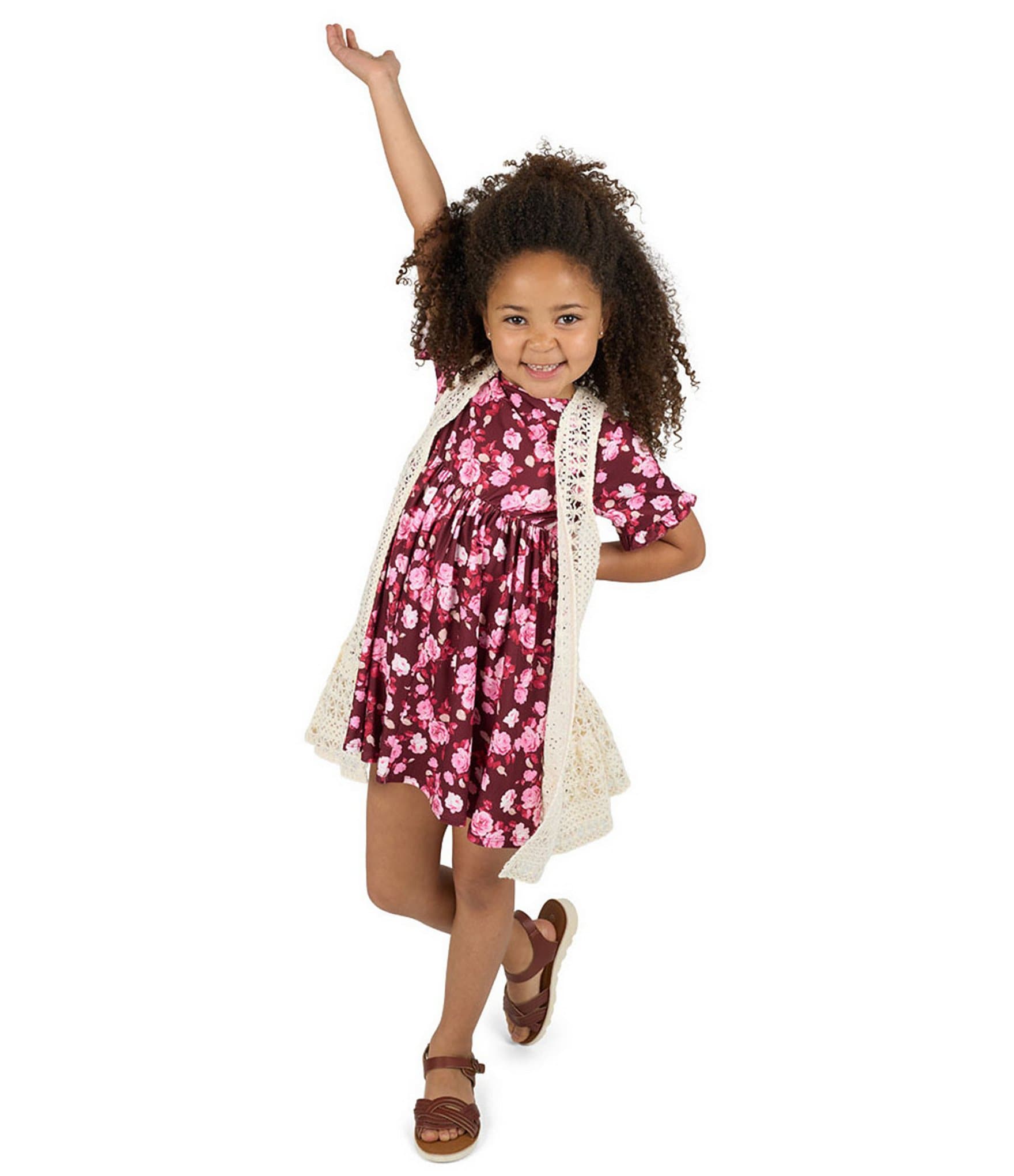 Rare Editions Little Girls Sleeveless Crocheted Cardigan & Short-Sleeve Floral-Printed Fit-And-Flare Dress Set
