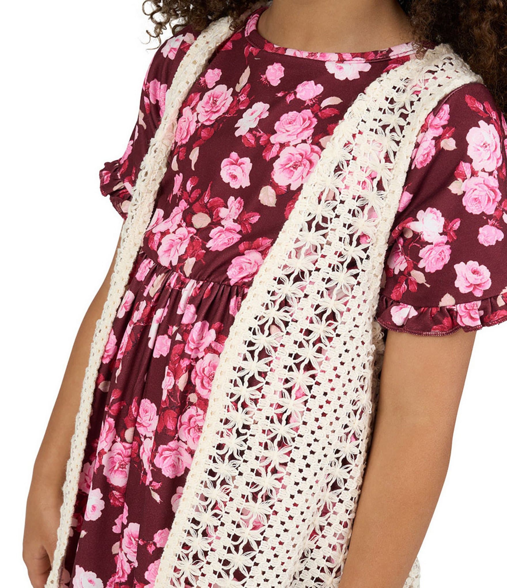 Rare Editions Little Girls Sleeveless Crocheted Cardigan & Short-Sleeve Floral-Printed Fit-And-Flare Dress Set