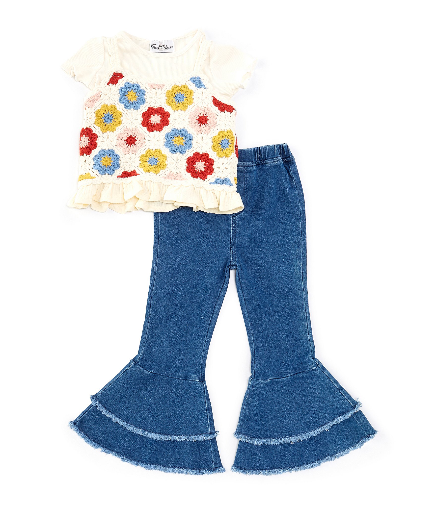 Rare Editions Little Girls 2T-6X Sleeveless Crocheted Vest & Short Sleeve Top & Denim Flare Leg Pant Set