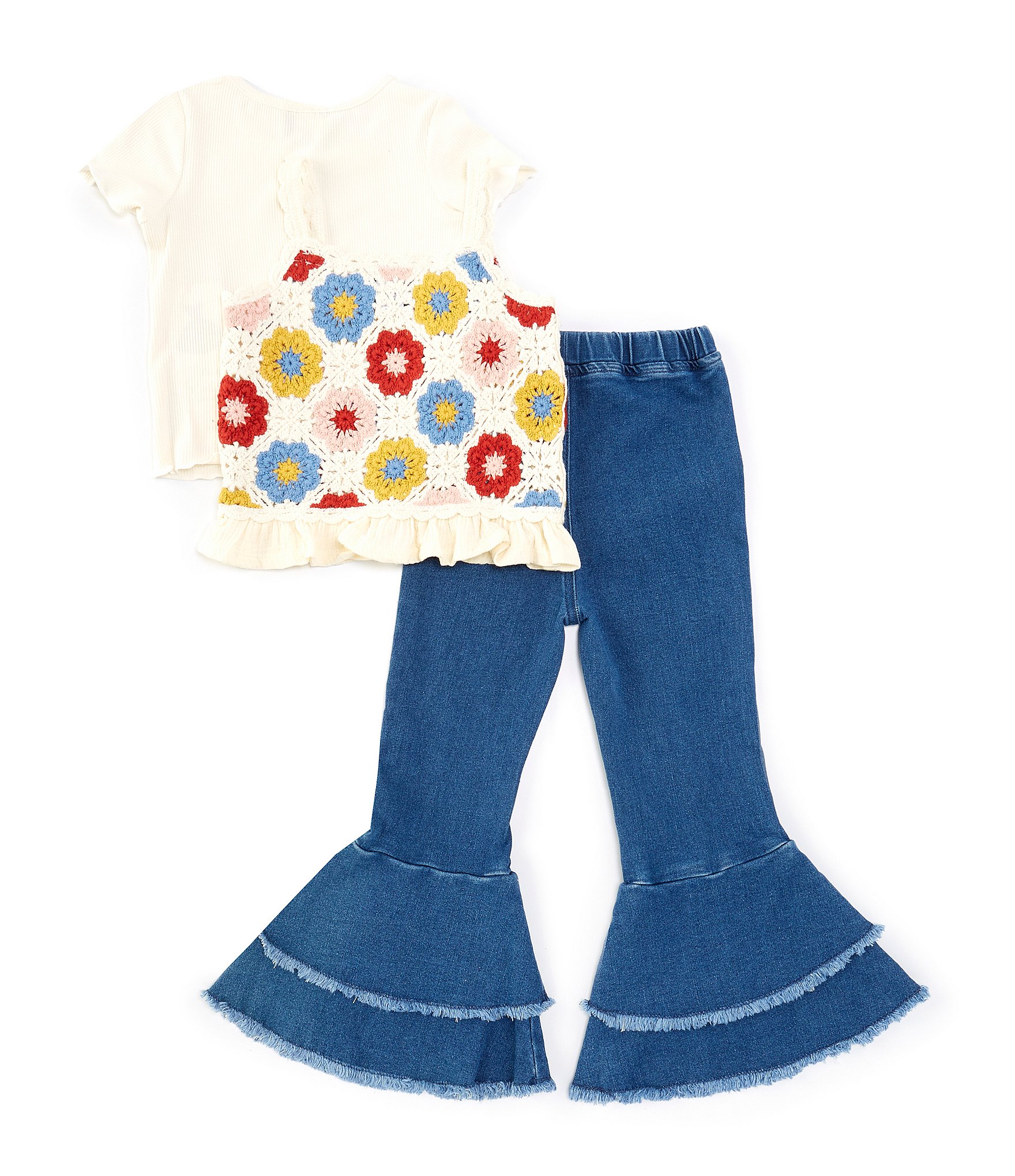 Rare Editions Little Girls 2T-6X Sleeveless Crocheted Vest & Short Sleeve Top & Denim Flare Leg Pant Set