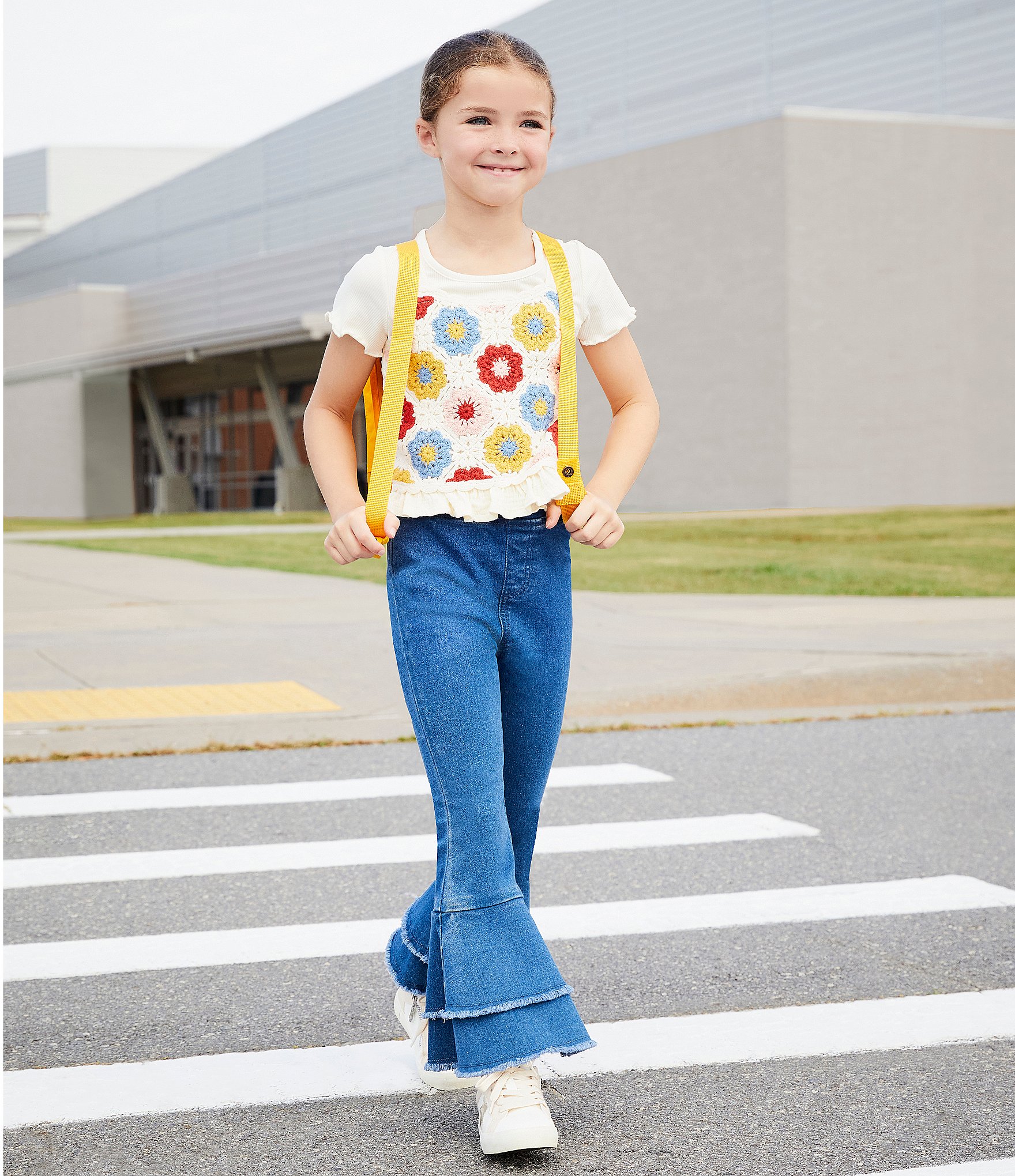 Rare Editions Little Girls 2T-6X Sleeveless Crocheted Vest & Short Sleeve Top & Denim Flare Leg Pant Set