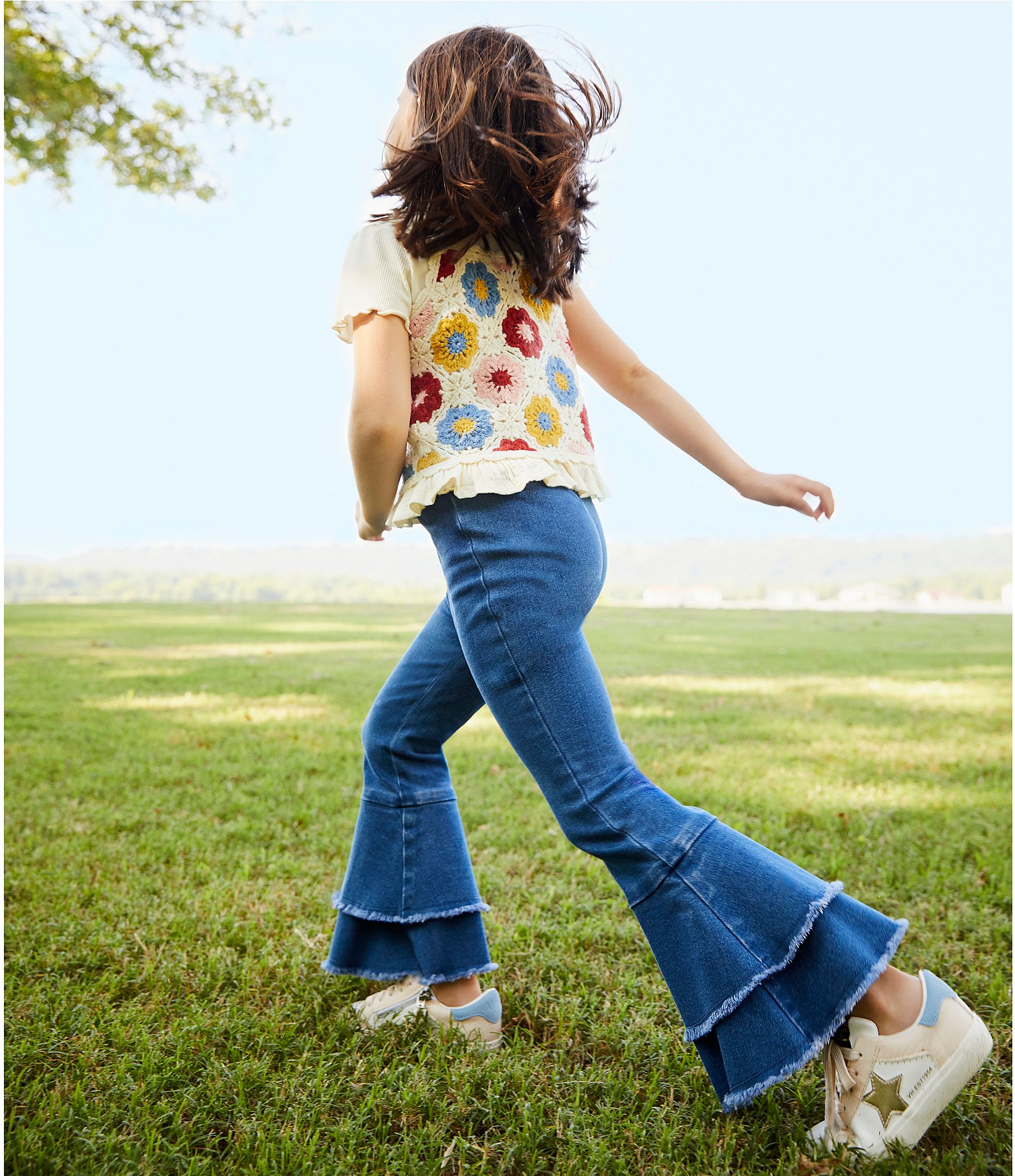 Rare Editions Little Girls 2T-6X Sleeveless Crocheted Vest & Short Sleeve Top & Denim Flare Leg Pant Set