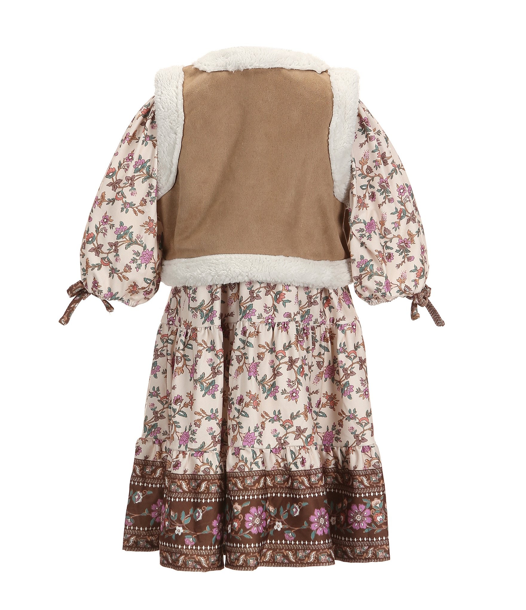 Rare Editions Little Girls 2T-6X Sleeveless Faux-Sherpa Vest & Long-Sleeve Floral-Twin-Printed Fit & Flare Dress Set