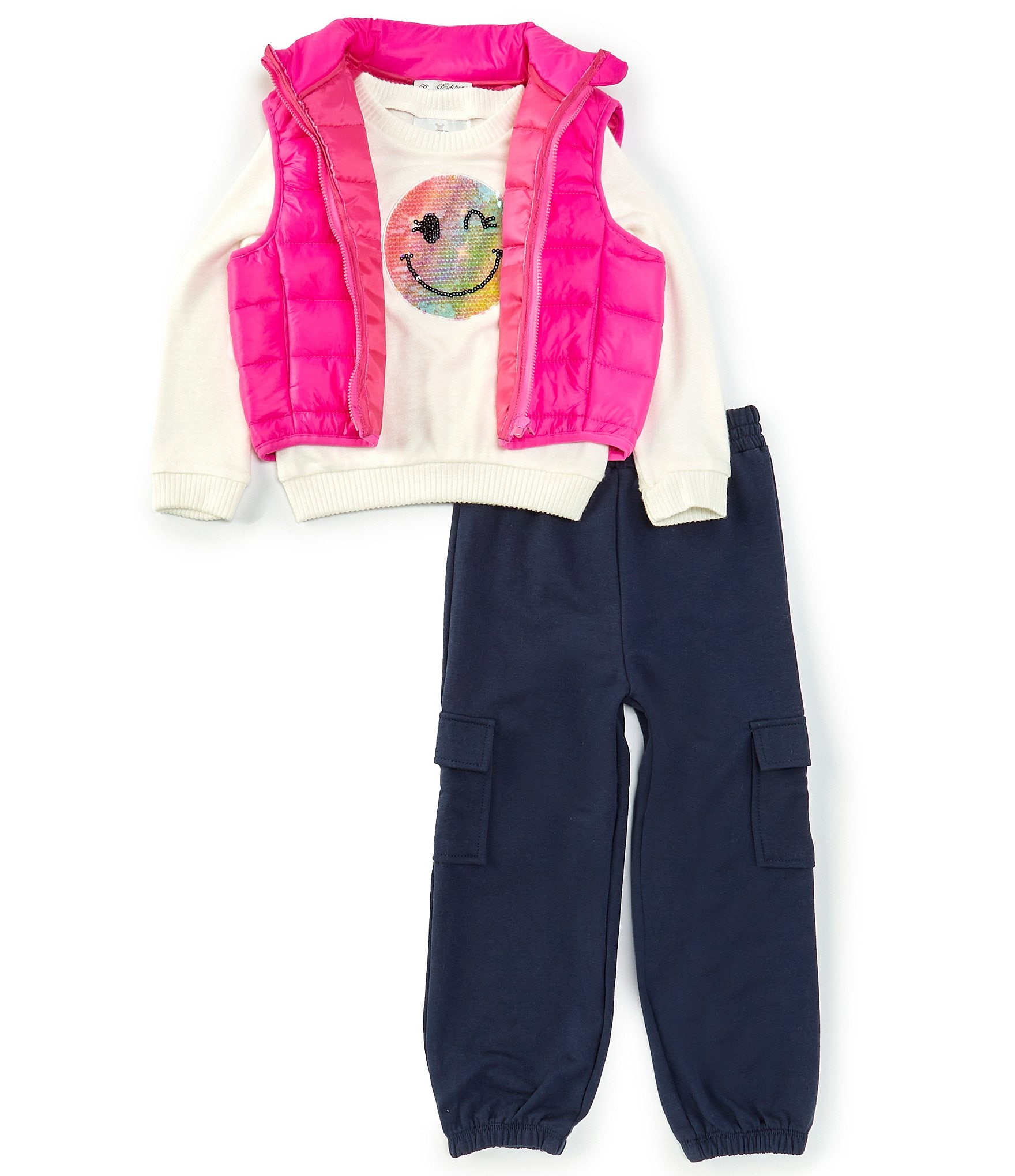 Rare Editions Little Girls 2T-6X Sleeveless Puffer Vest & Long Sleeve Smiley Face Sweater & Solid French Terry Jogger Pant Set