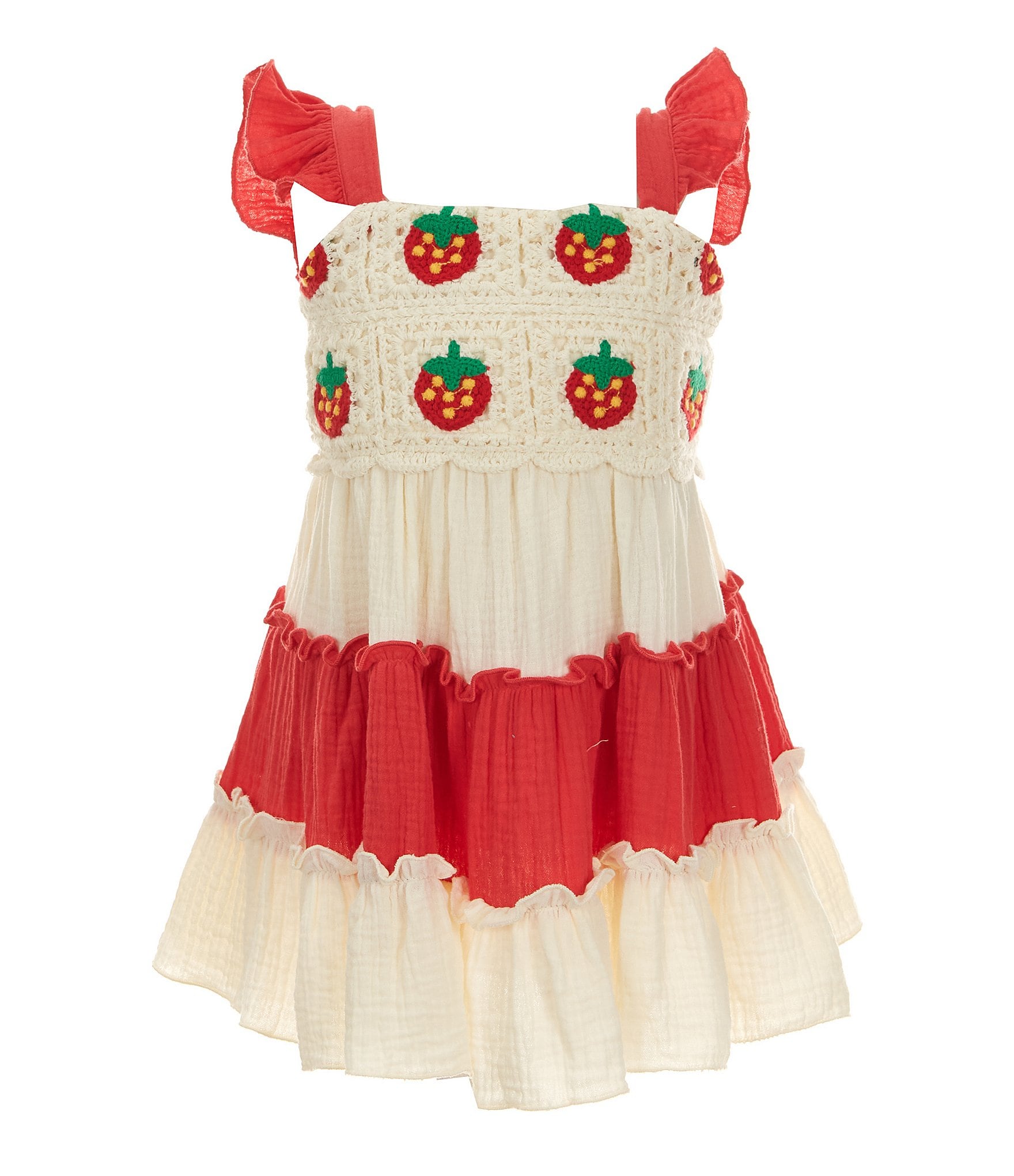 Rare Editions Little Girls 2T 6X Sleeveless Strawberry Crochet Bodice Color Block Gauze Skirted Dress Dillard s