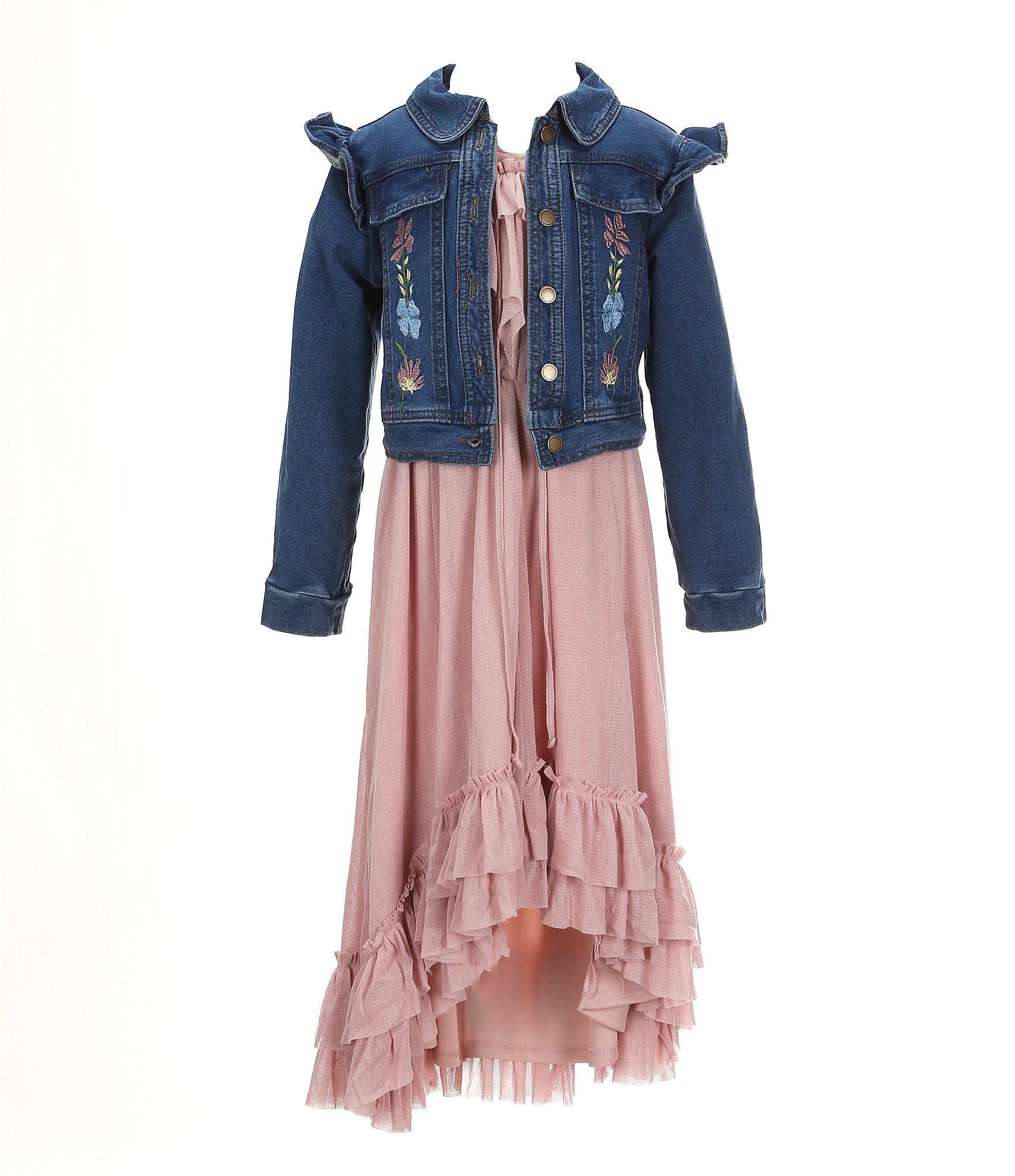 Rare Editions Little Girls 4-6X Long Sleeve Floral-Embroidered Denim Jacket & Solid High-Low Hem Long Dress