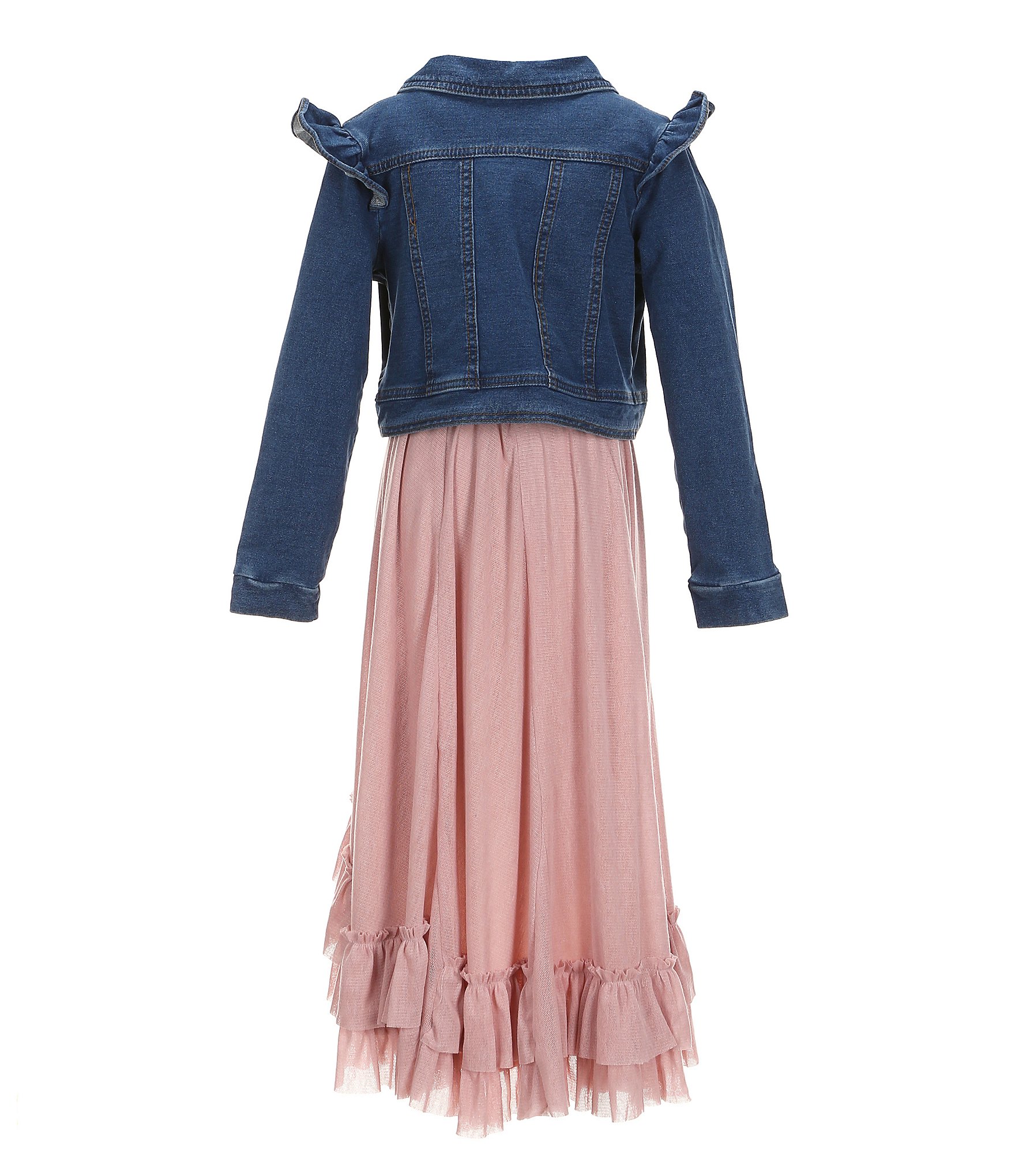 Rare Editions Little Girls 4-6X Long Sleeve Floral-Embroidered Denim Jacket & Solid High-Low Hem Long Dress