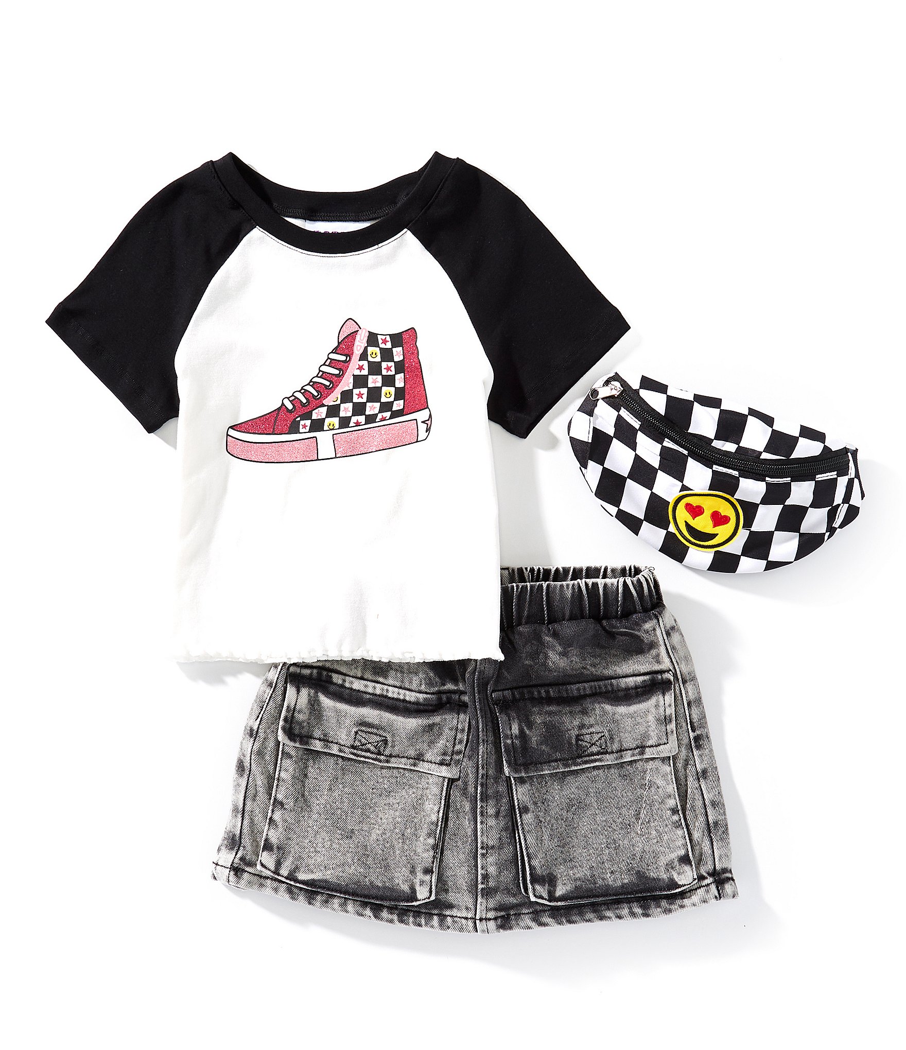 Rare Editions Little Girls Raglan-Sleeve Color Block Shoe-Graphic T-Shirt & Denim Skort Set