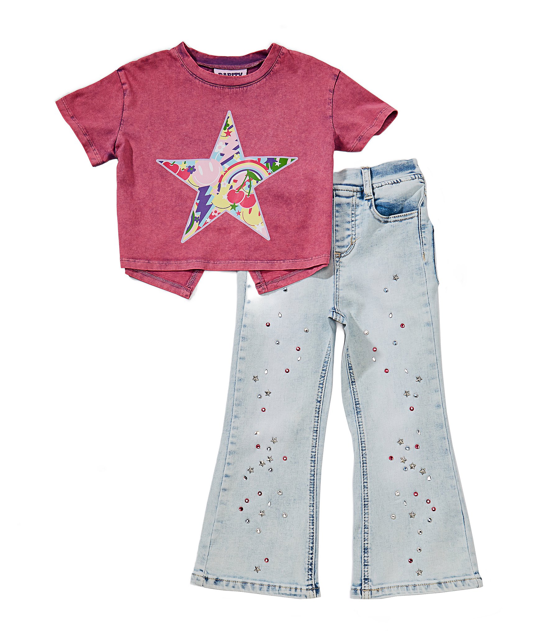 Rare Editions Little Girls Short Sleeve Acid Washed T-Shirt & Wide Leg Pants Set