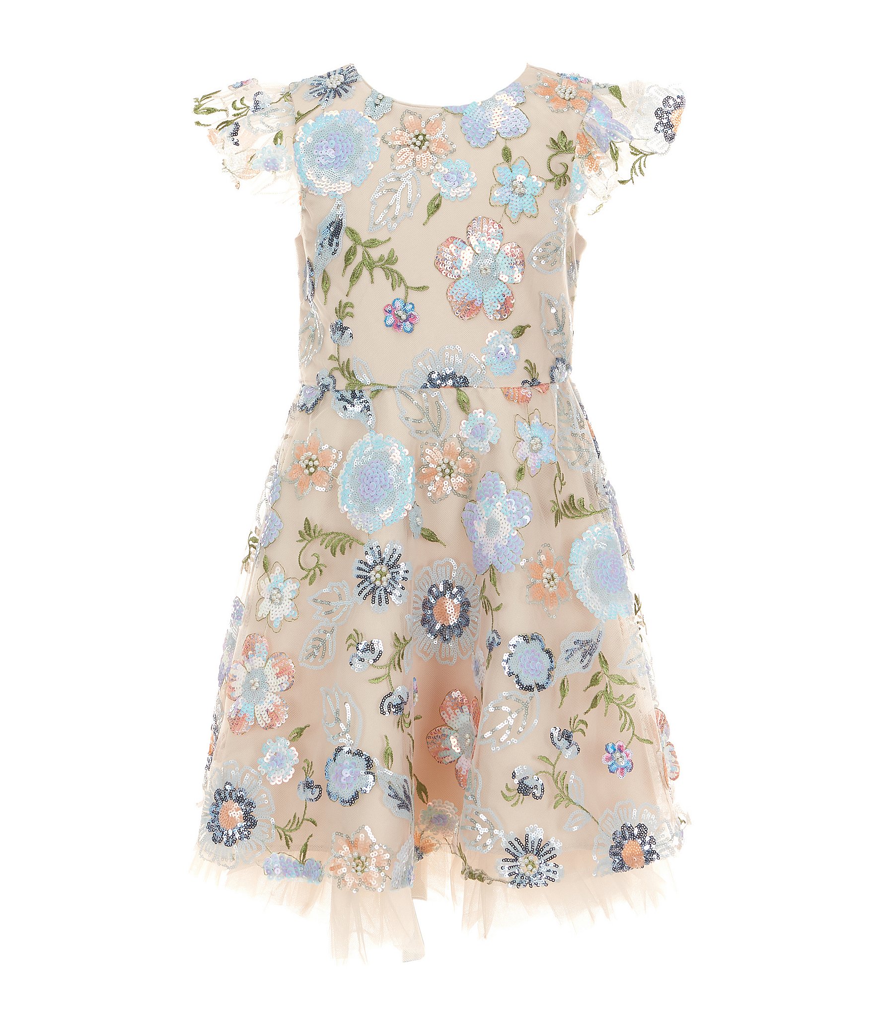 Rare Editions Little Girls Short-Sleeve Sequin-Embellished Floral-Embroidered Fit-And-Flare Dress