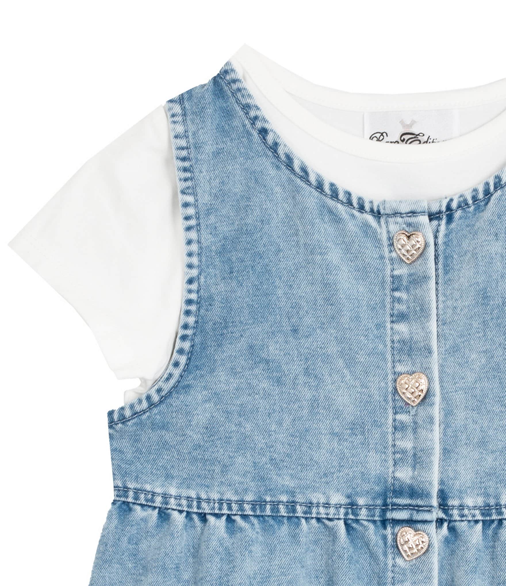 Rare Editions Little Girls Sleeveless Appliqued Denim Dress & Short-Sleeve Solid Knit T-Shirt Set
