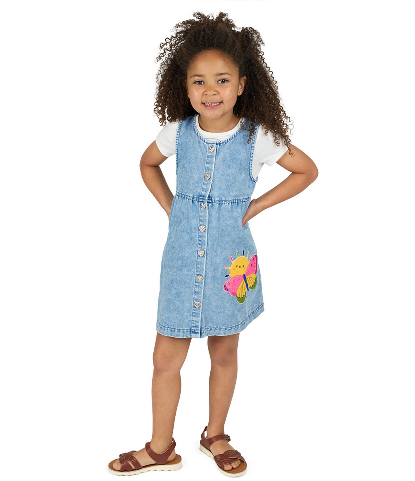 Rare Editions Little Girls Sleeveless Appliqued Denim Dress & Short-Sleeve Solid Knit T-Shirt Set