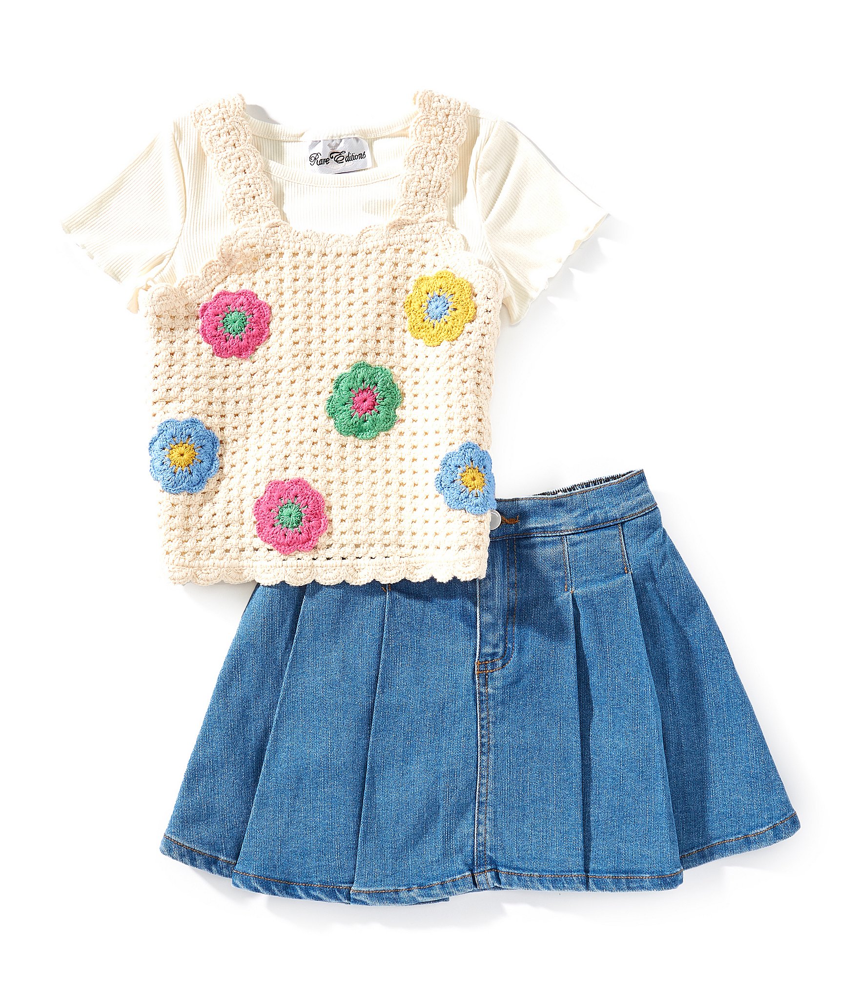 Rare Editions Little Girls Sleeveless Crocheted Tank Top, Short-Sleeve T-Shirt & Denim Skort Set