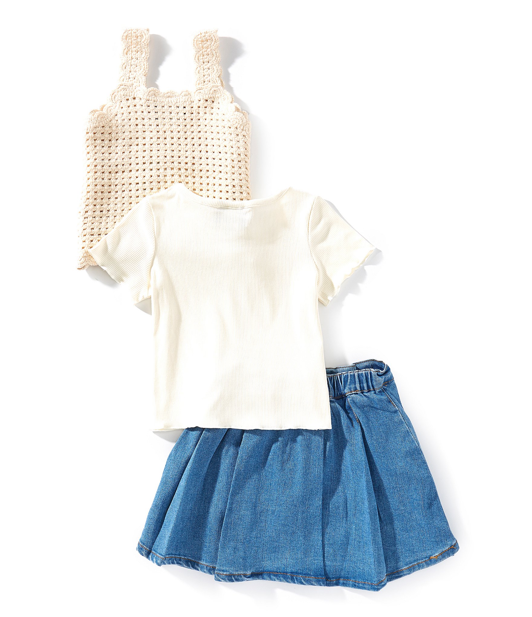 Rare Editions Little Girls Sleeveless Crocheted Tank Top, Short-Sleeve T-Shirt & Denim Skort Set
