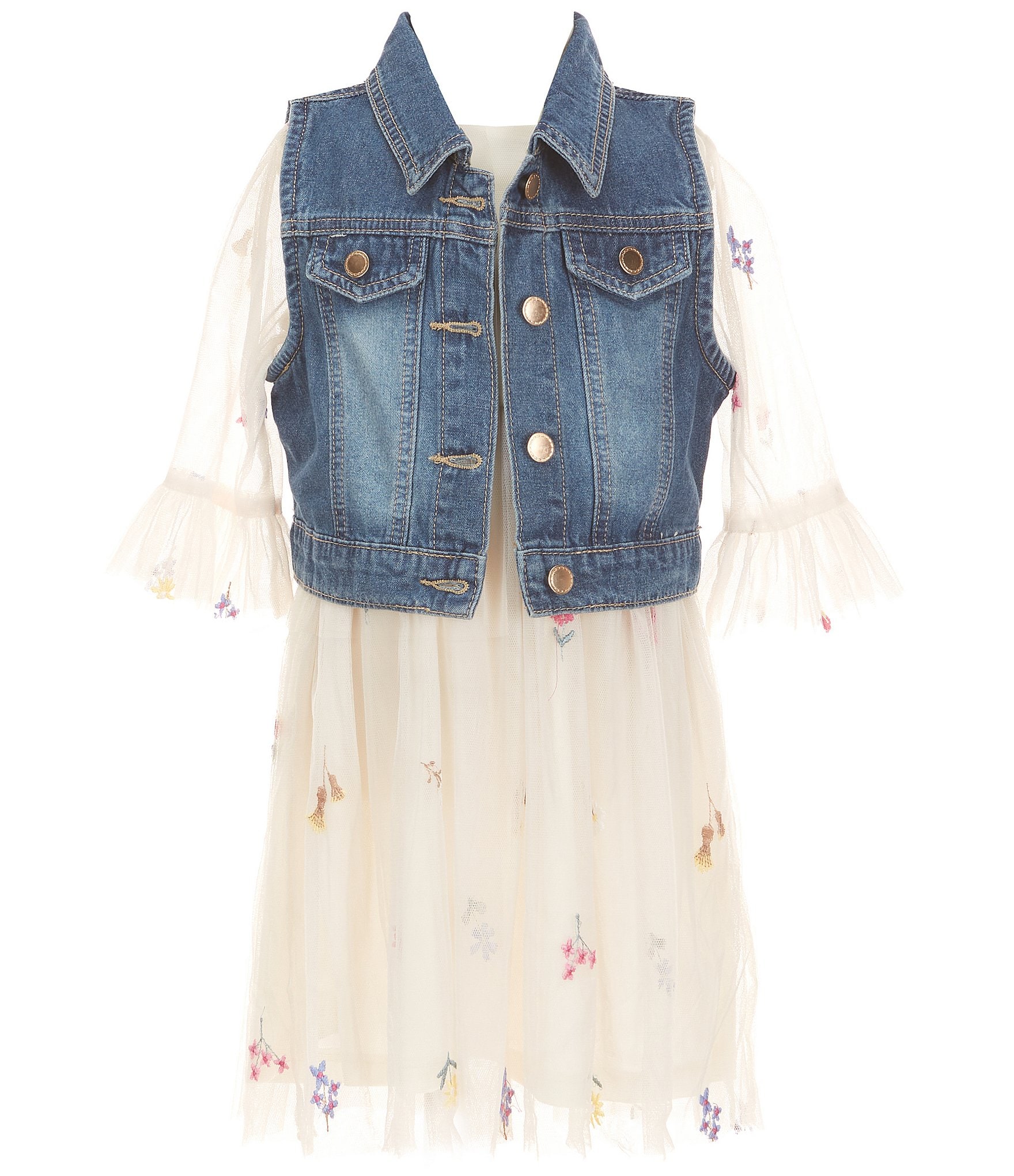 Rare Editions Little Girls Sleeveless Denim Vest & Short-Sleeve Floral-Embroidered Mesh Fit-And-Flare Dress Set