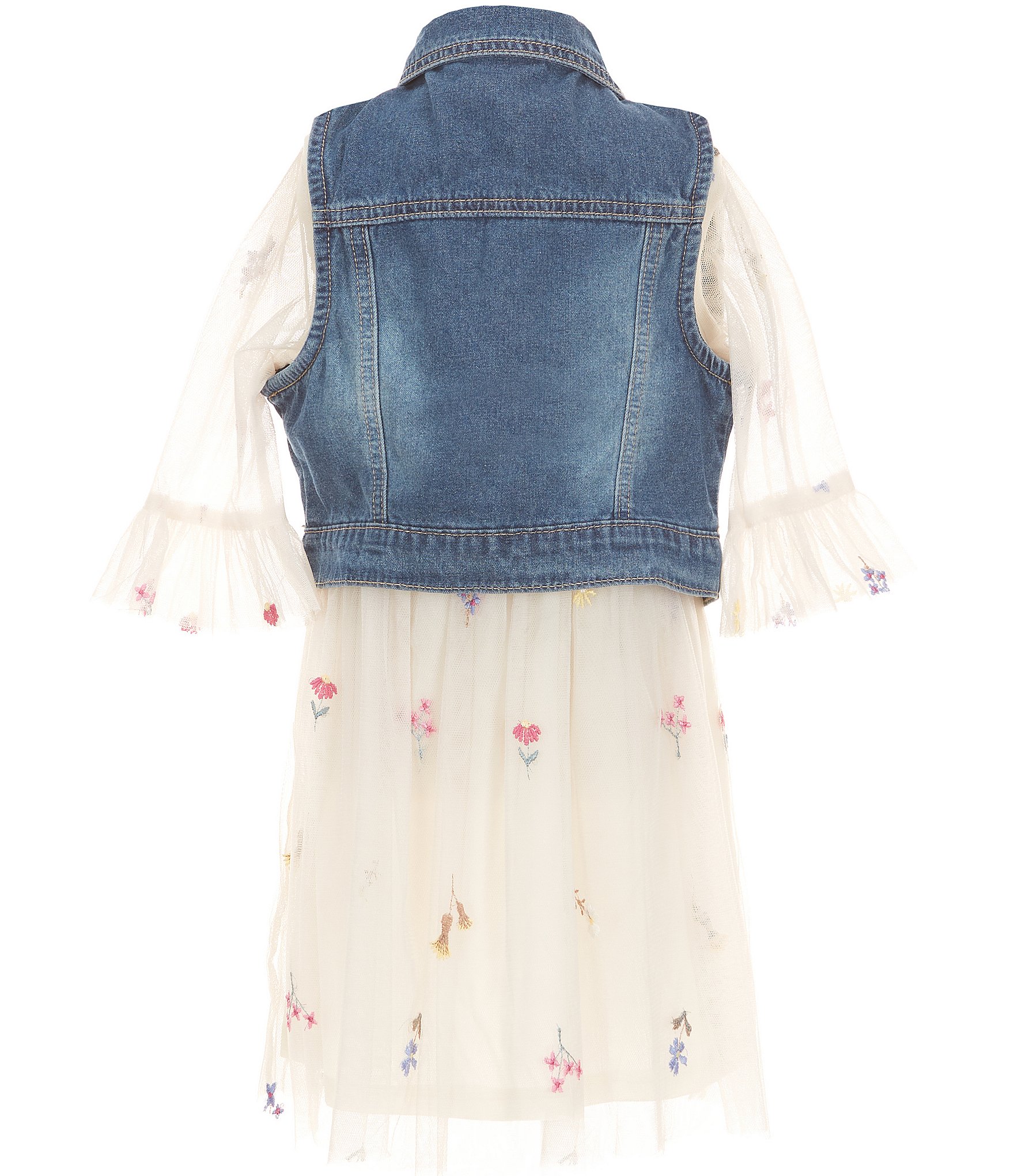 Rare Editions Little Girls Sleeveless Denim Vest & Short-Sleeve Floral-Embroidered Mesh Fit-And-Flare Dress Set