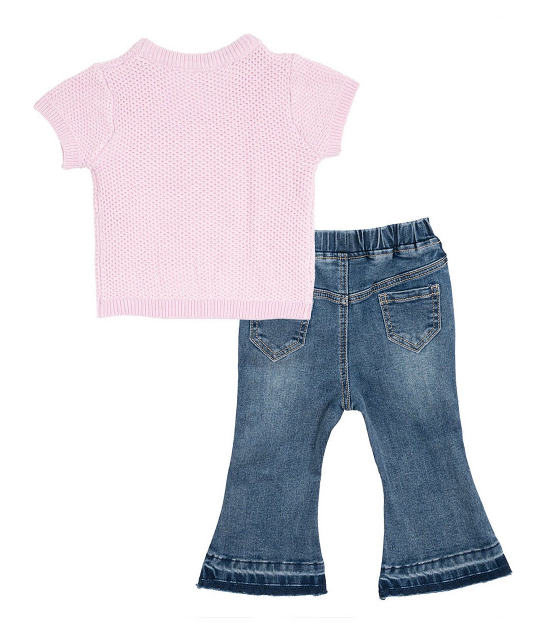 Rarity Baby Girls Short Sleeve Crocheted Knit Top & Bow-Embroidered Flare-Leg Denim Jeans Set