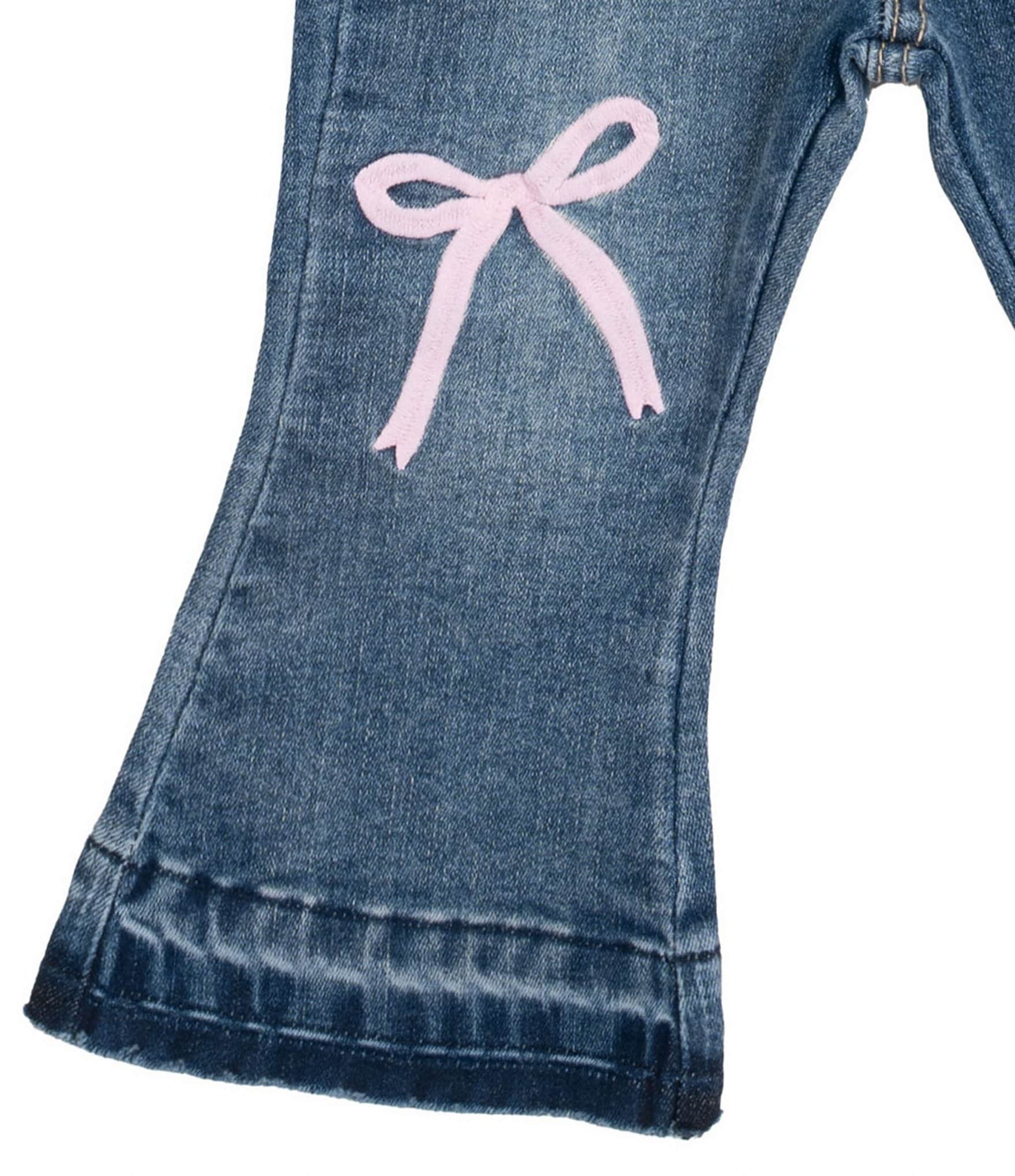 Rarity Baby Girls Short Sleeve Crocheted Knit Top & Bow-Embroidered Flare-Leg Denim Jeans Set