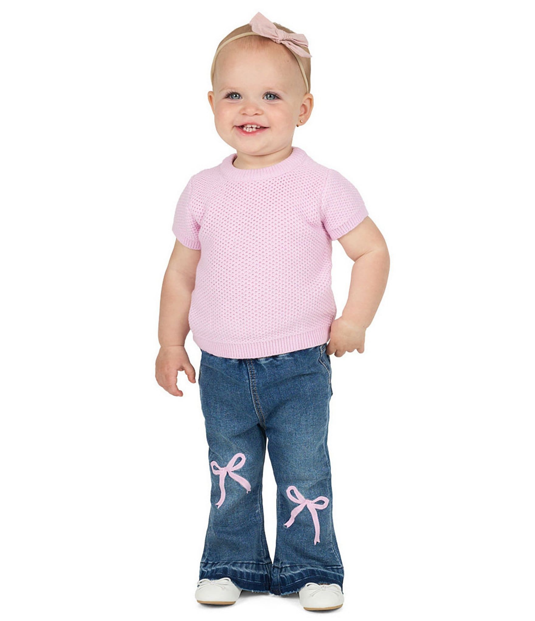 Rarity Baby Girls Short Sleeve Crocheted Knit Top & Bow-Embroidered Flare-Leg Denim Jeans Set