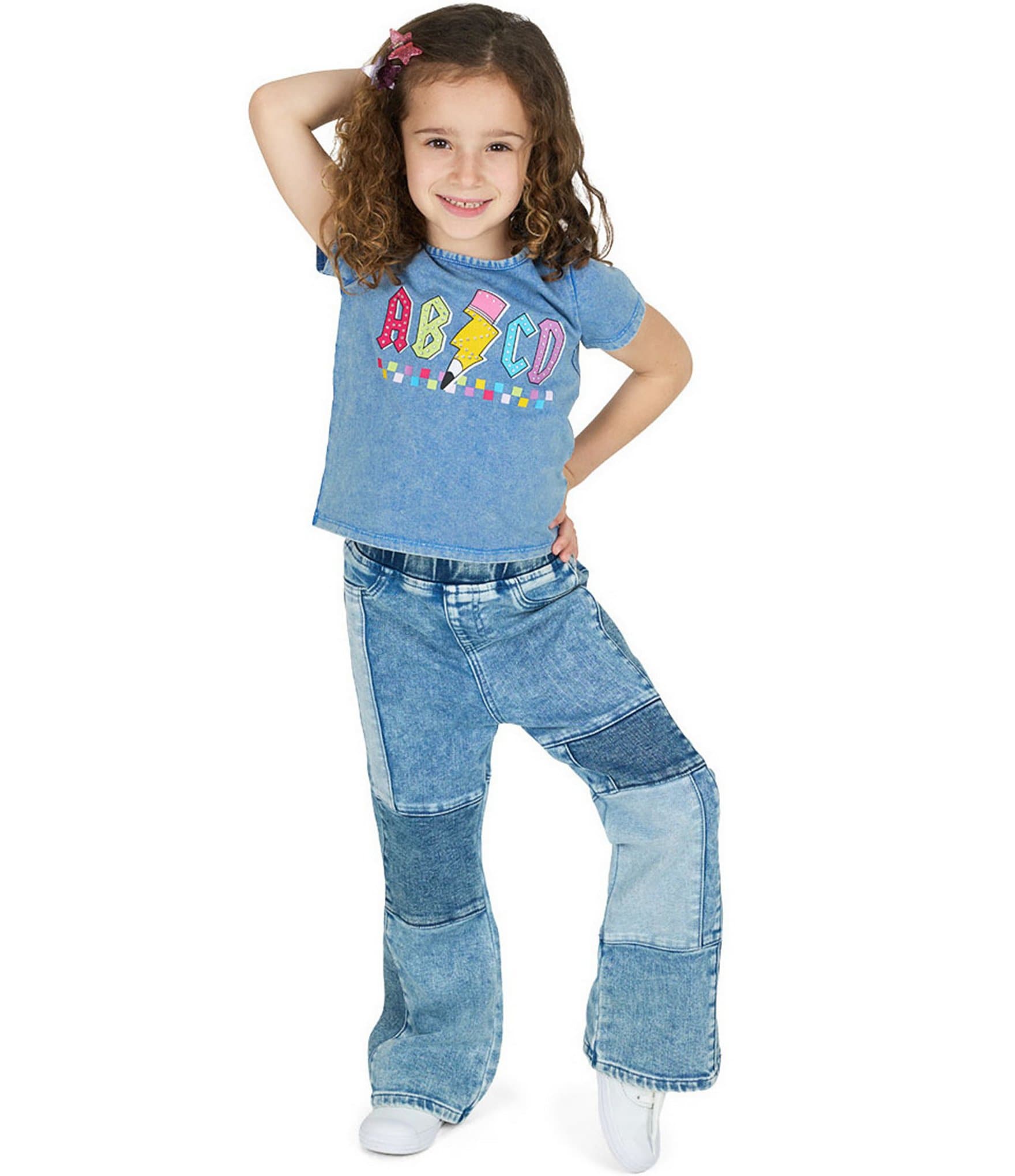 Rarity Little Girls Short-Sleeve #double;ABCD#double; Acid-Wash Top & Patchwork Jeans Set
