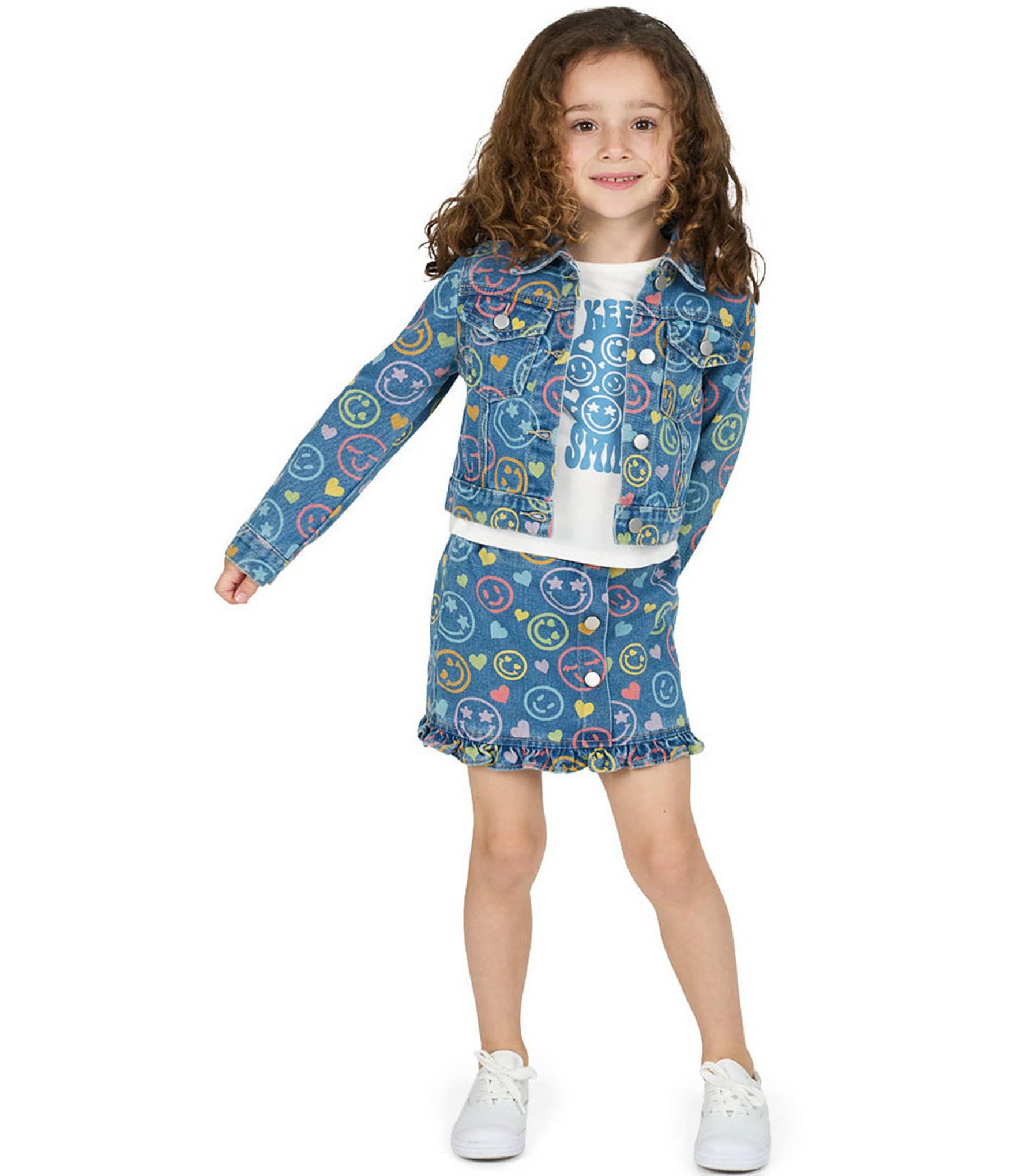 Rarity Little Girls Long-Sleeve Smiley Face Denim Jacket & Matching Skirt & Short-Sleeve Keep Smiling T-Shirt Set