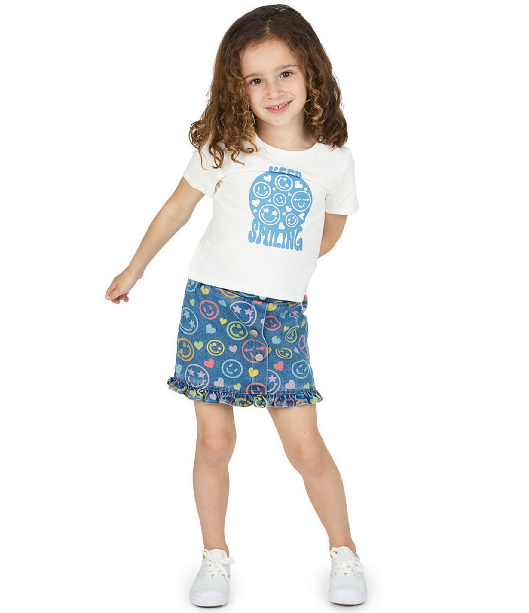 Rarity Little Girls Long-Sleeve Smiley Face Denim Jacket & Matching Skirt & Short-Sleeve Keep Smiling T-Shirt Set