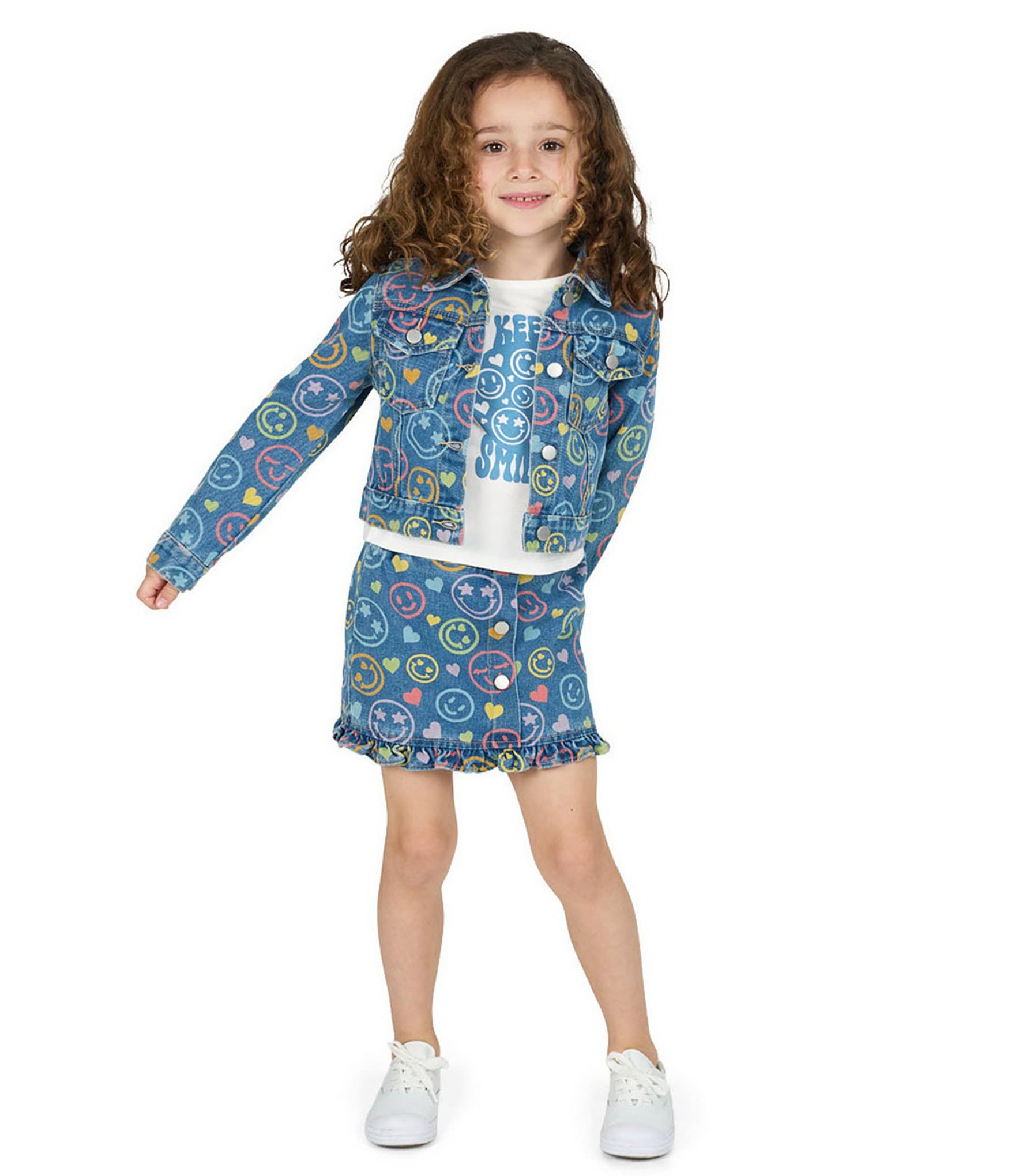 Rarity Little Girls Long-Sleeve Smiley Face Denim Jacket & Matching Skirt & Short-Sleeve Keep Smiling T-Shirt Set