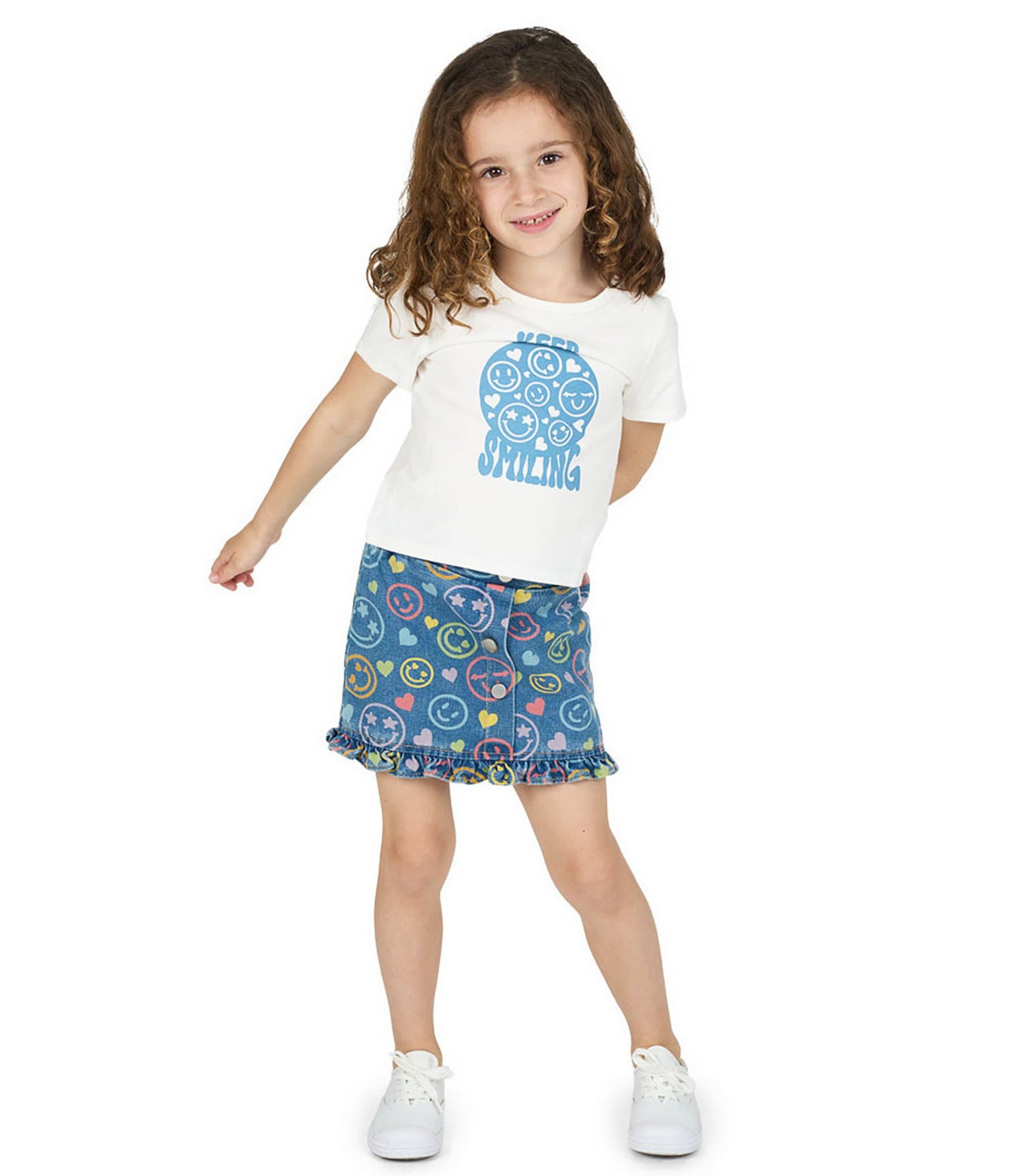 Rarity Little Girls Long-Sleeve Smiley Face Denim Jacket & Matching Skirt & Short-Sleeve Keep Smiling T-Shirt Set