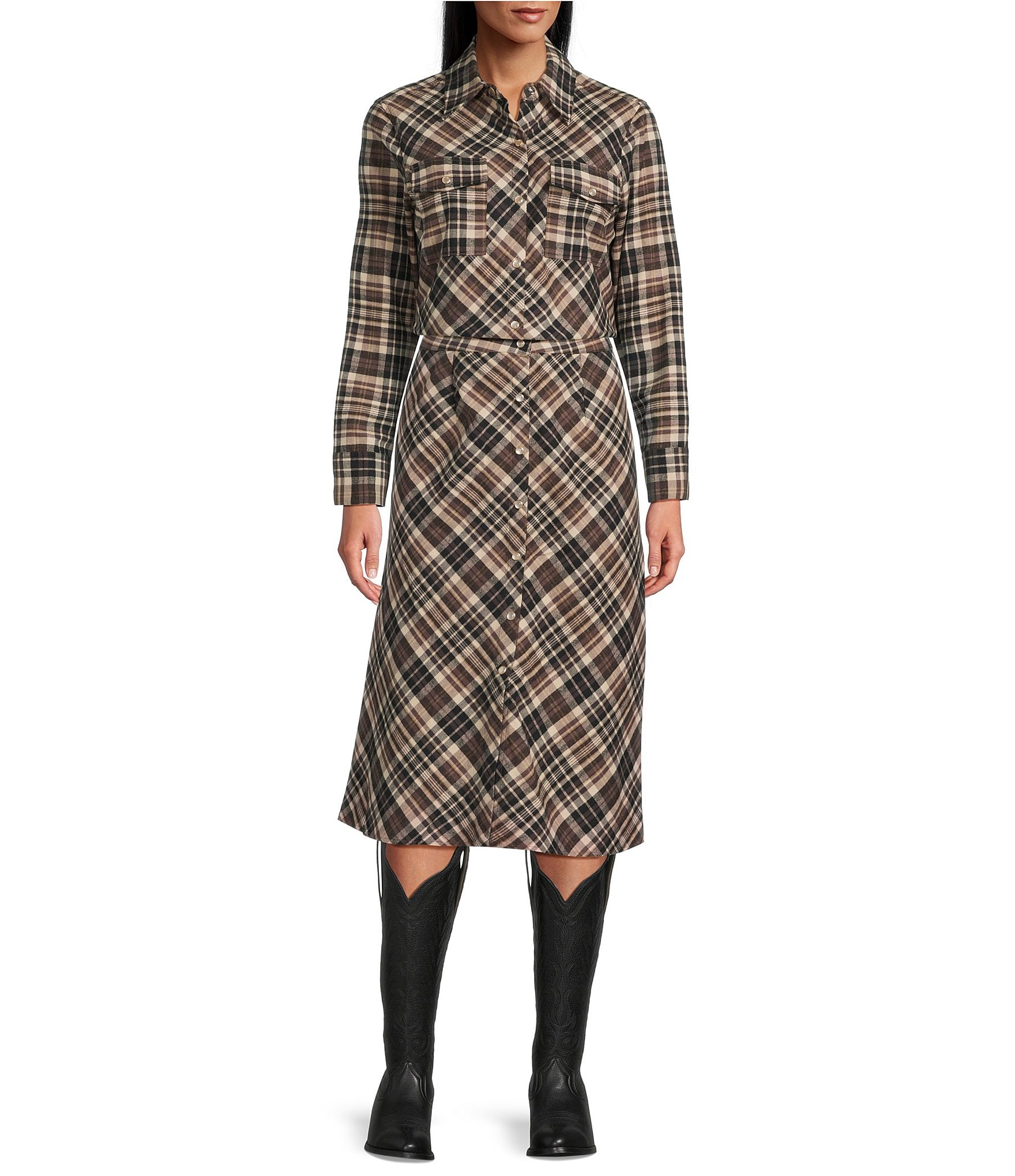 Reba Coordinating Lawson Woven Plaid Print Point Collar Long Sleeve Shirt