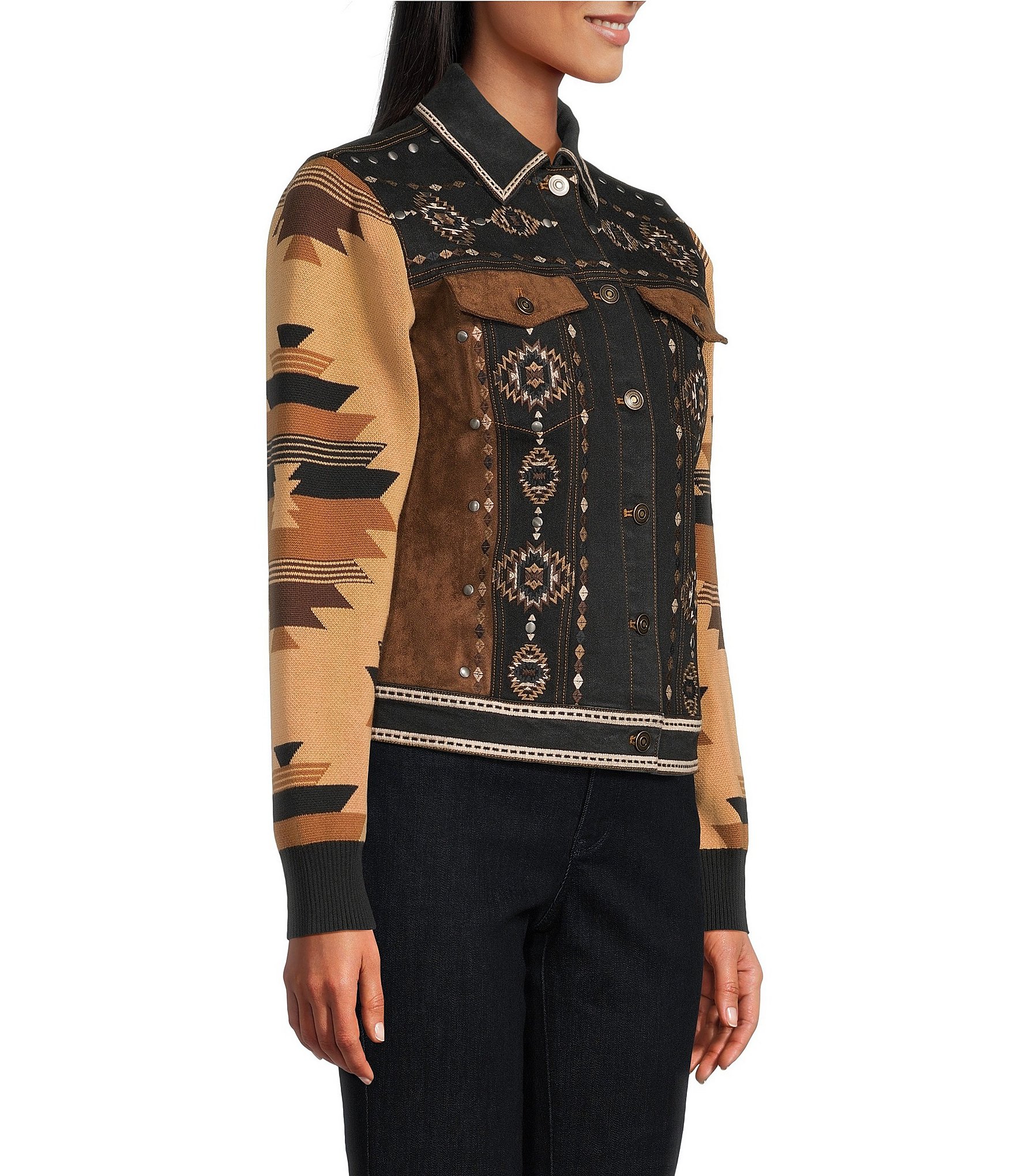 Reba Denim Faux Suede Knit Jacquard Point Collar Long Sleeve Embroidered Button Front Jacket