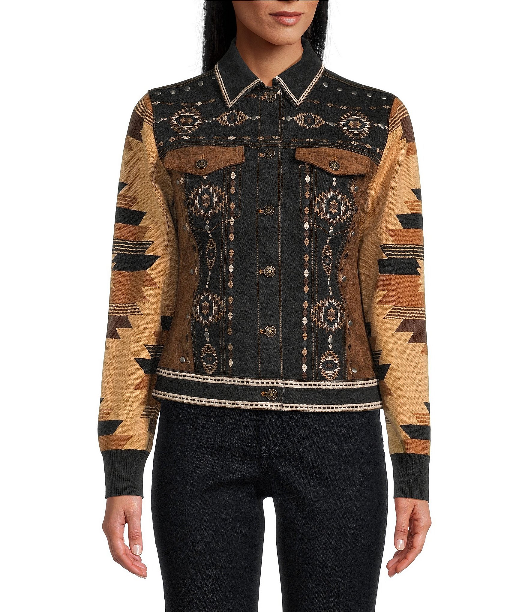 Reba Denim Faux Suede Knit Jacquard Point Collar Long Sleeve Embroidered Button Front Jacket